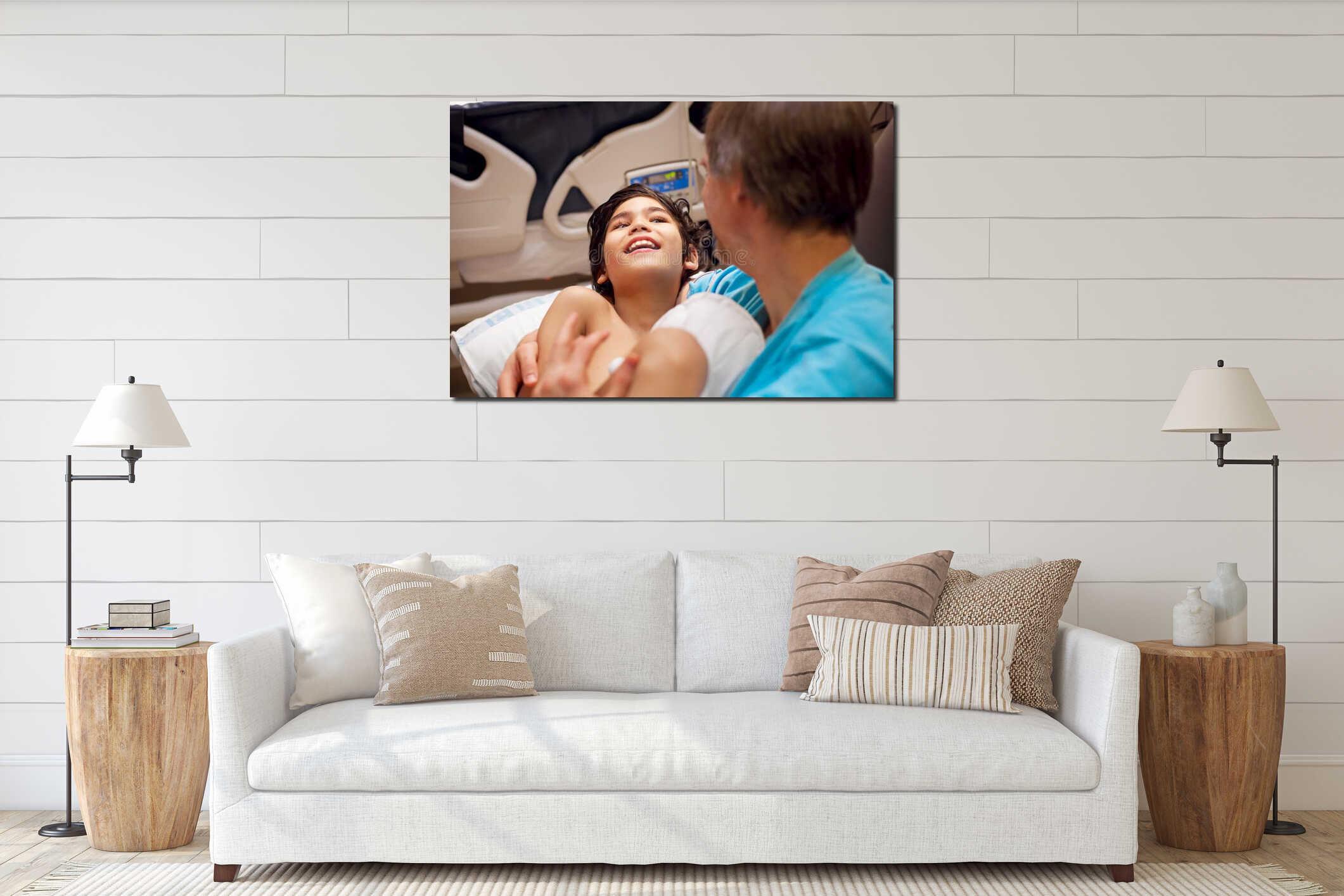 Father holding disabled sick son on lap in hospital interior mockup