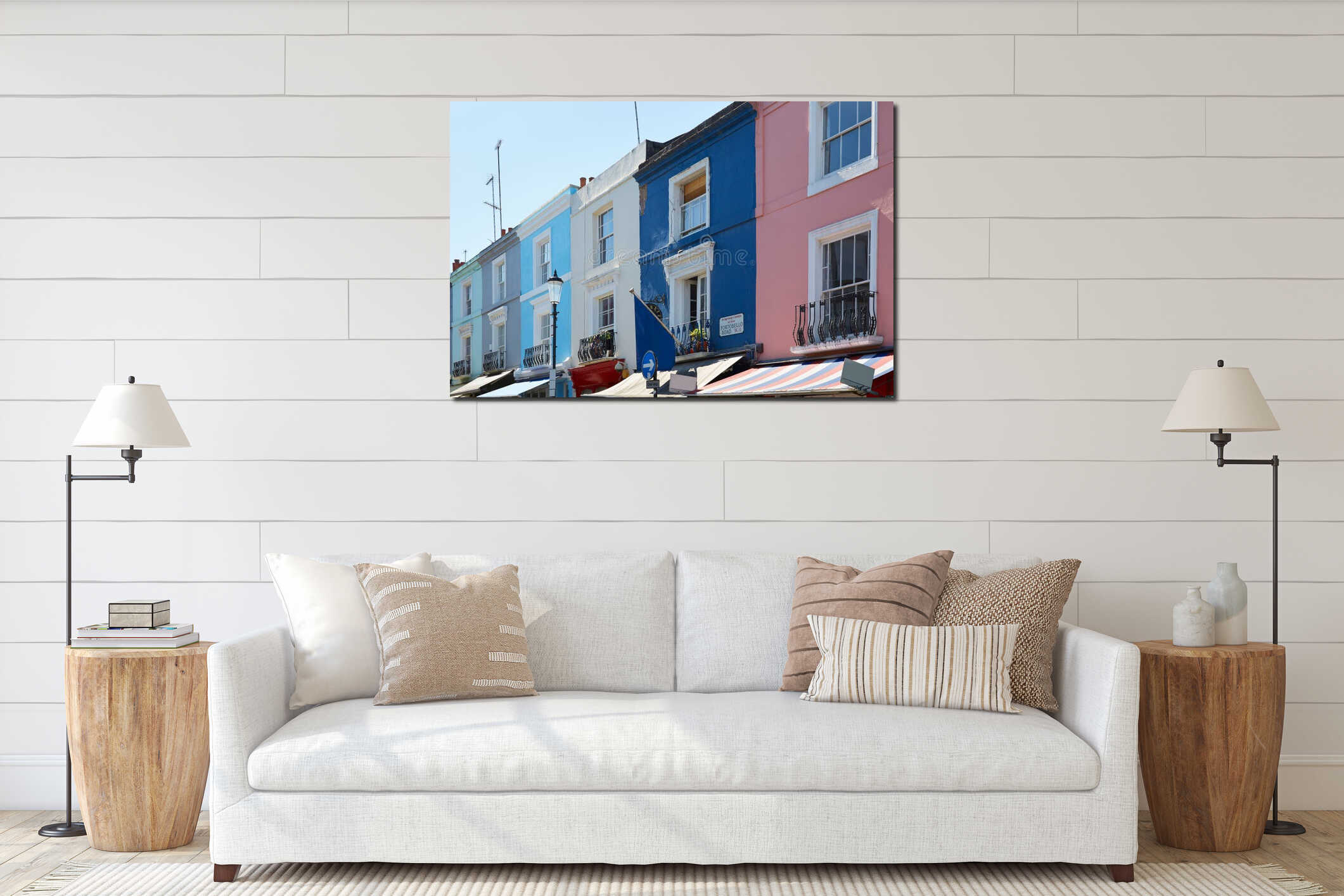 Portobello road houses colorful facades in a sunny day in London interior mockup