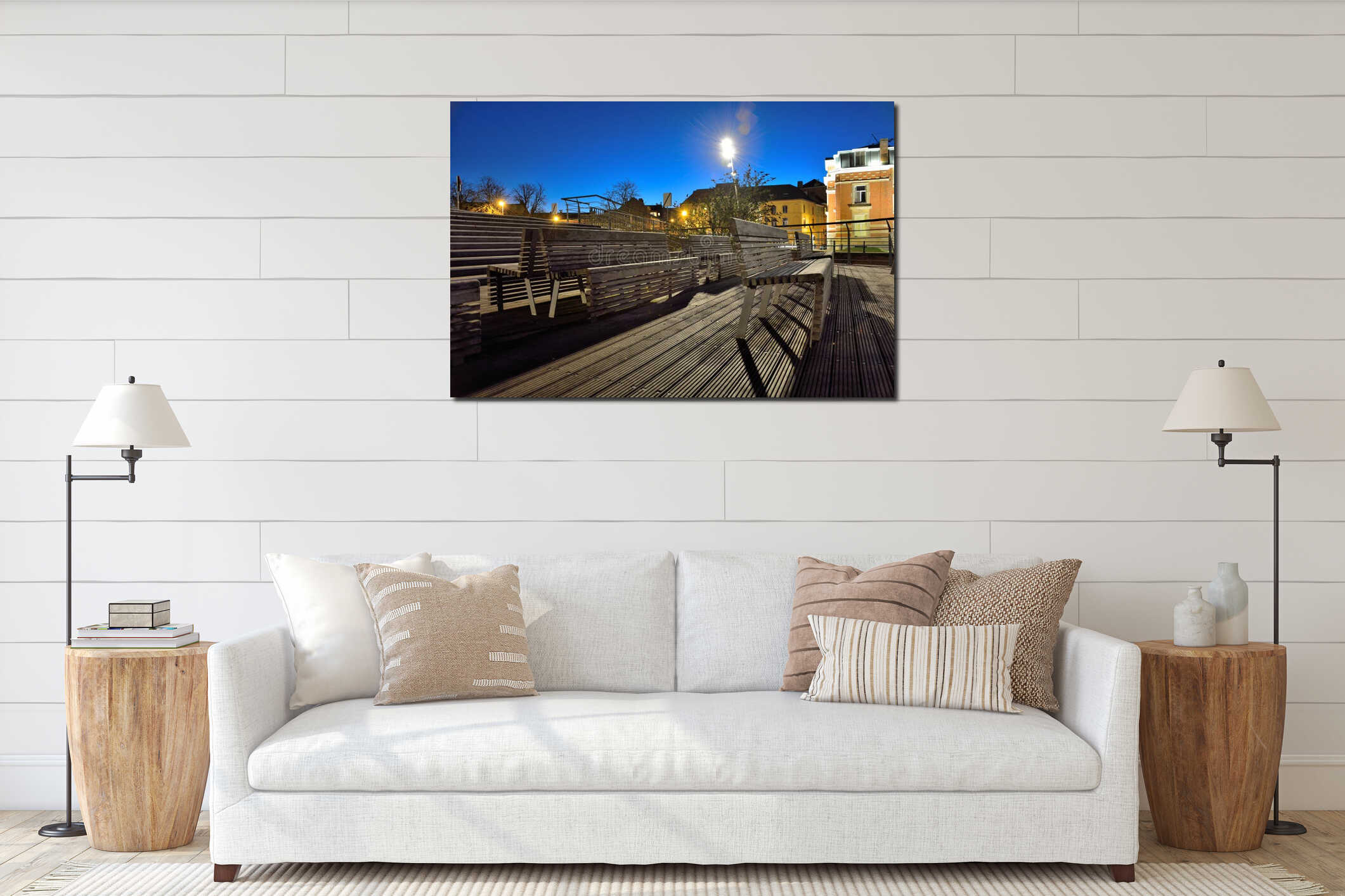 Empty benches at night interior mockup