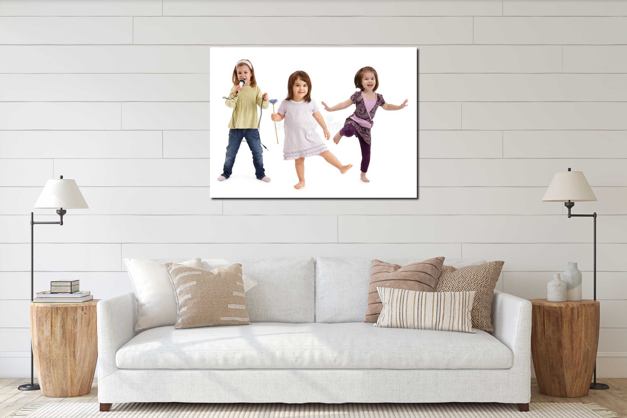 Little girls dancing having fun interior mockup