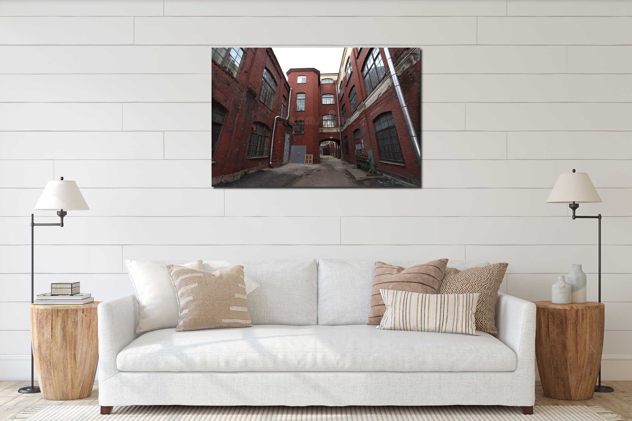 Vintage industrial red brick building in the industrial area of the old European city. interior mockup