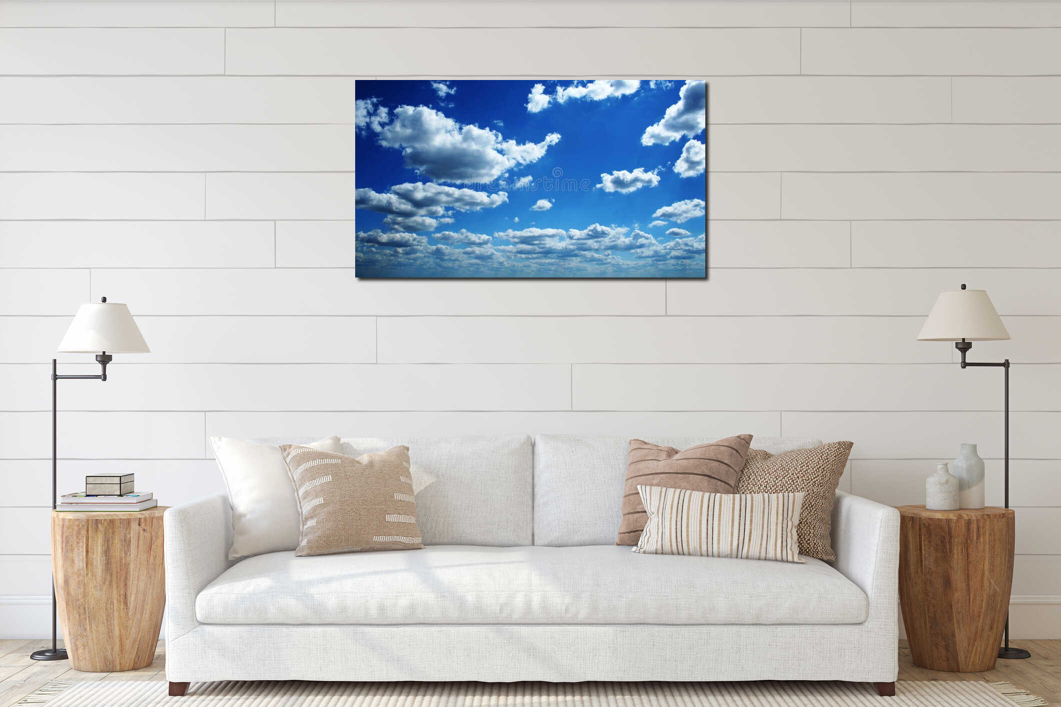 Perfect blue cloudy sky interior mockup