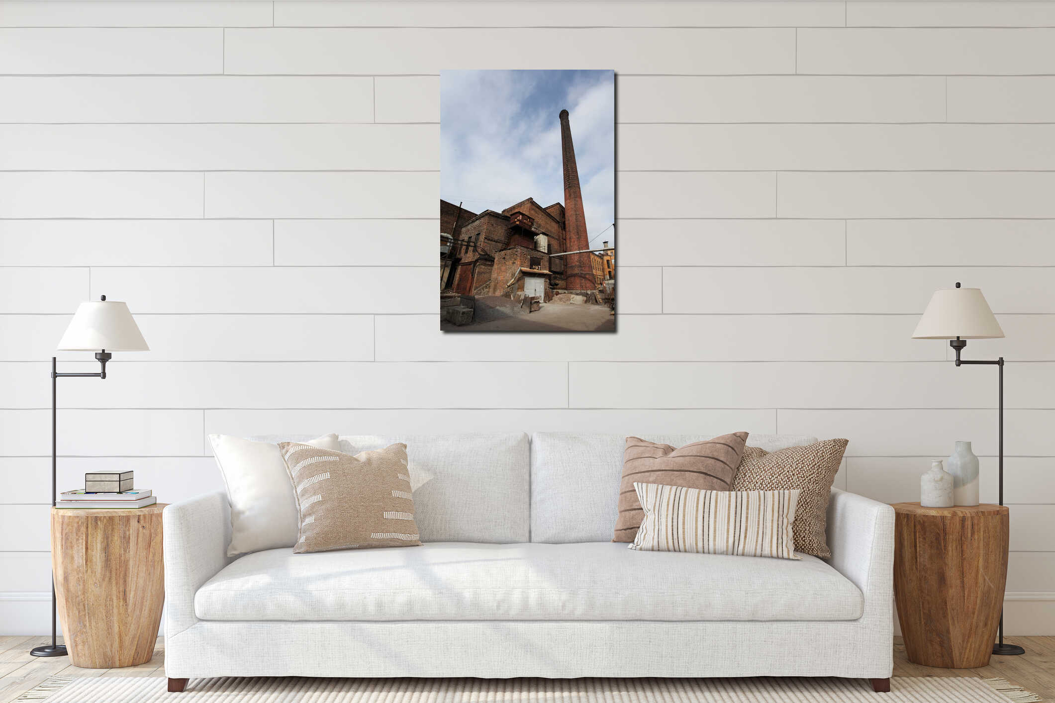 Vintage industrial red brick building in the industrial area of the old European city. interior mockup