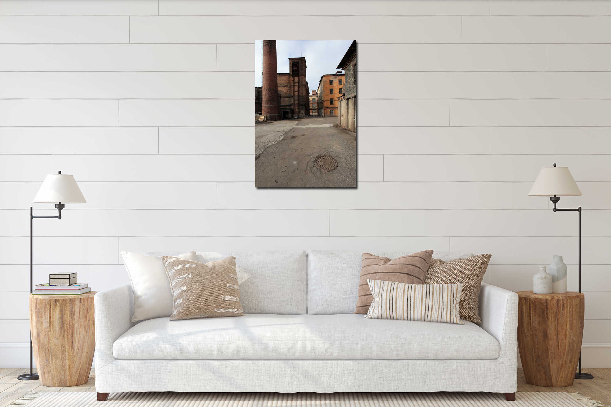 Vintage industrial red brick building in the industrial area of the old European city. interior mockup