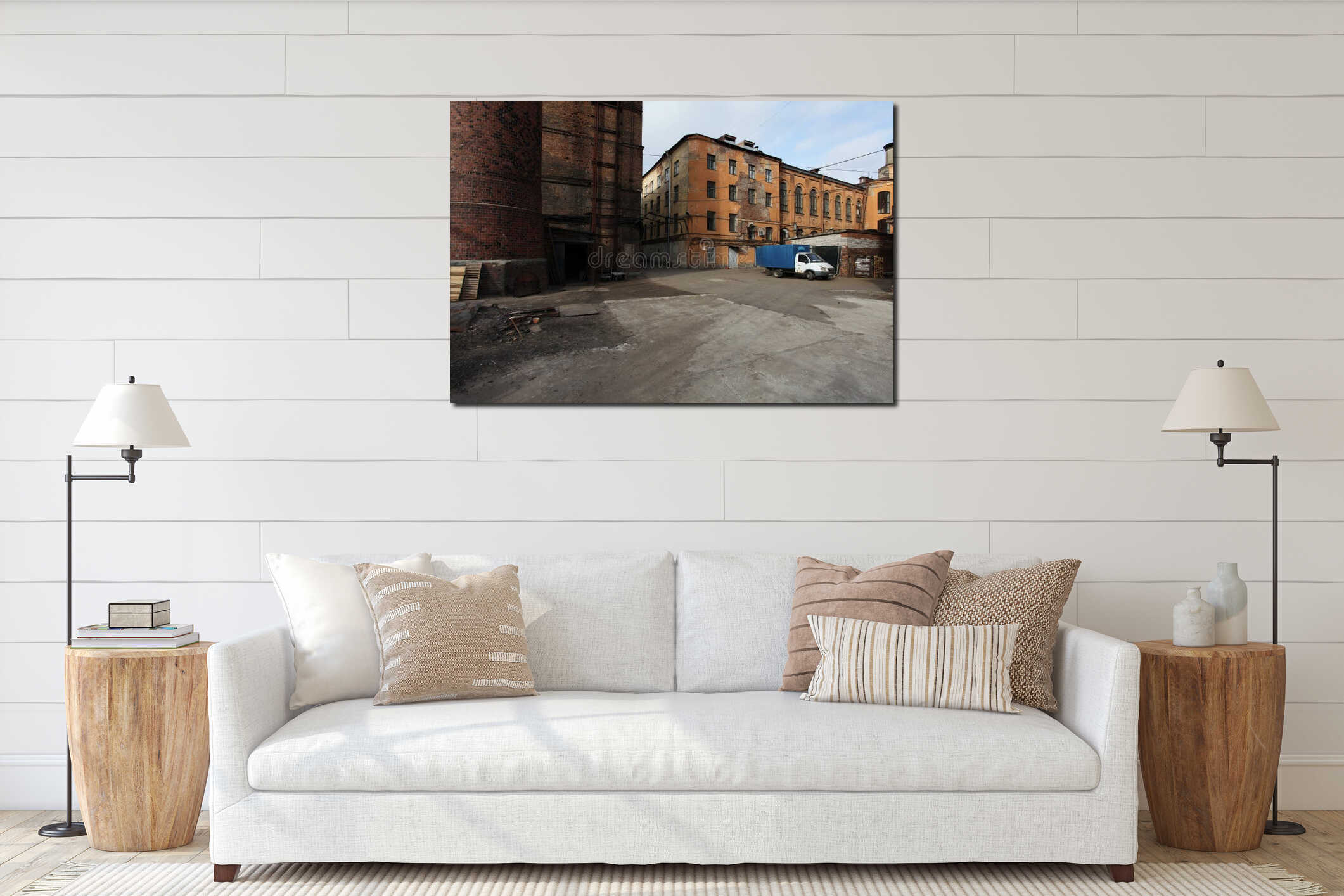 Vintage industrial red brick building in the industrial area of the old European city. interior mockup