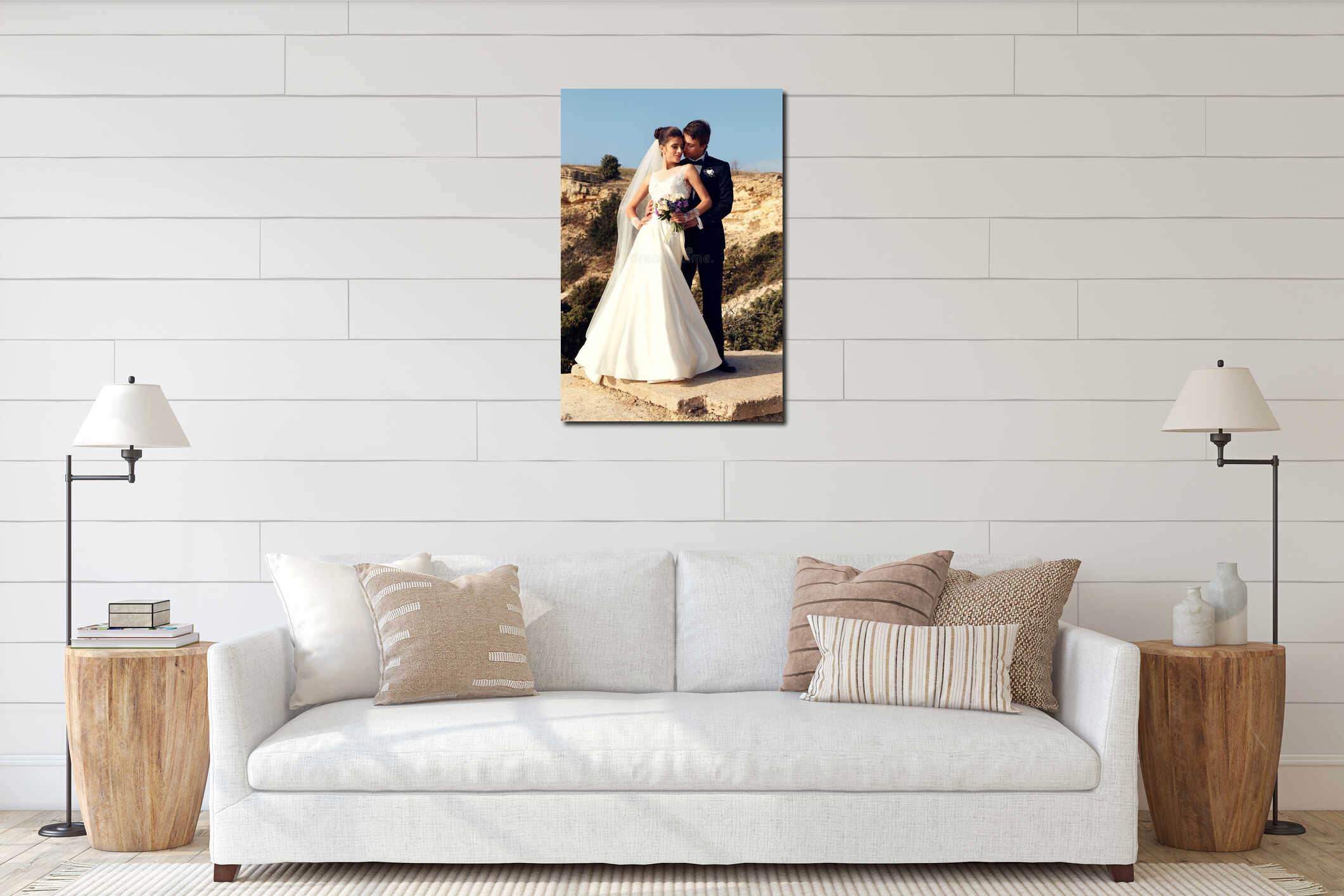 Beautiful groom and bride posing outside interior mockup