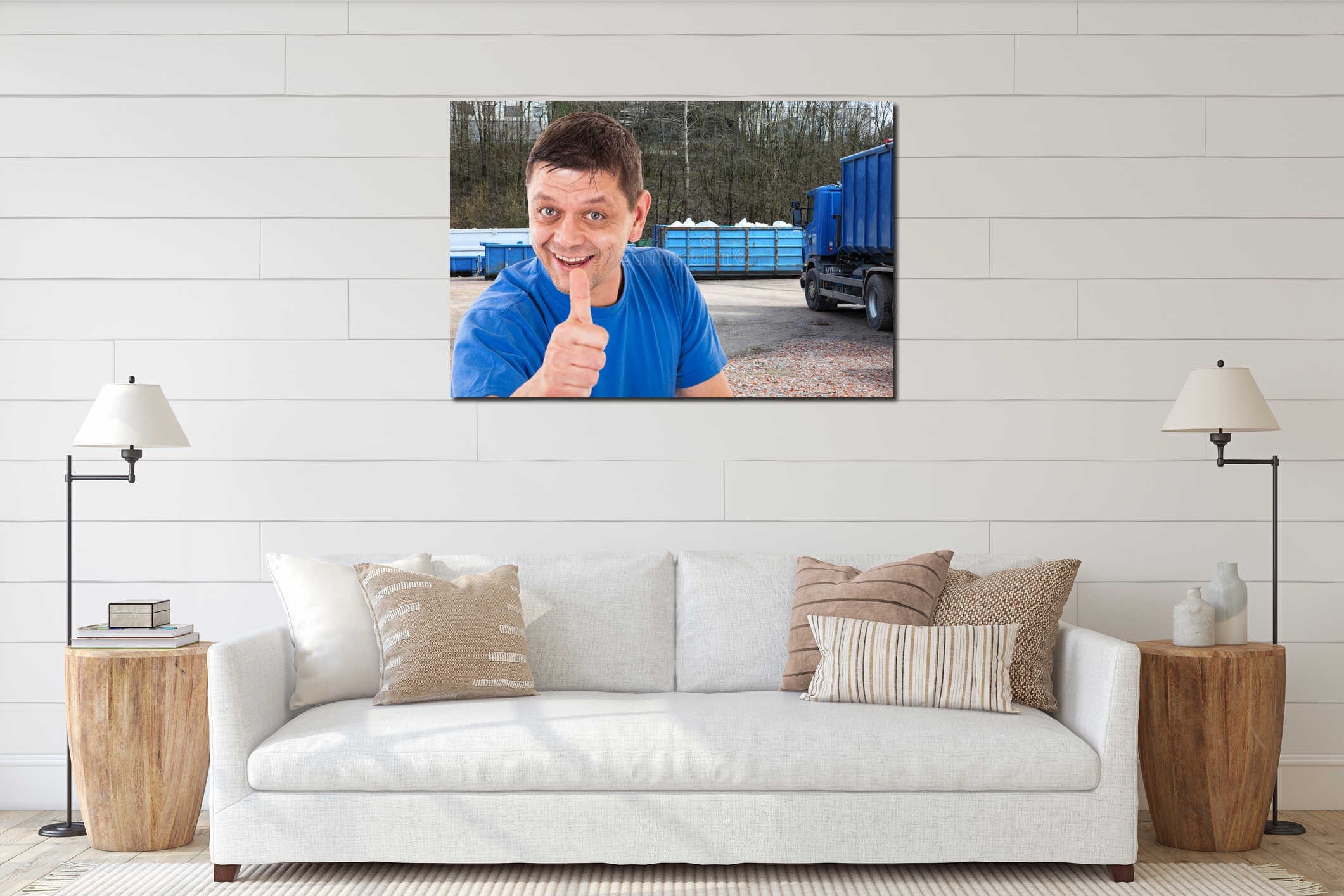 Man with thumbs up in front of a recycling-forwarding interior mockup