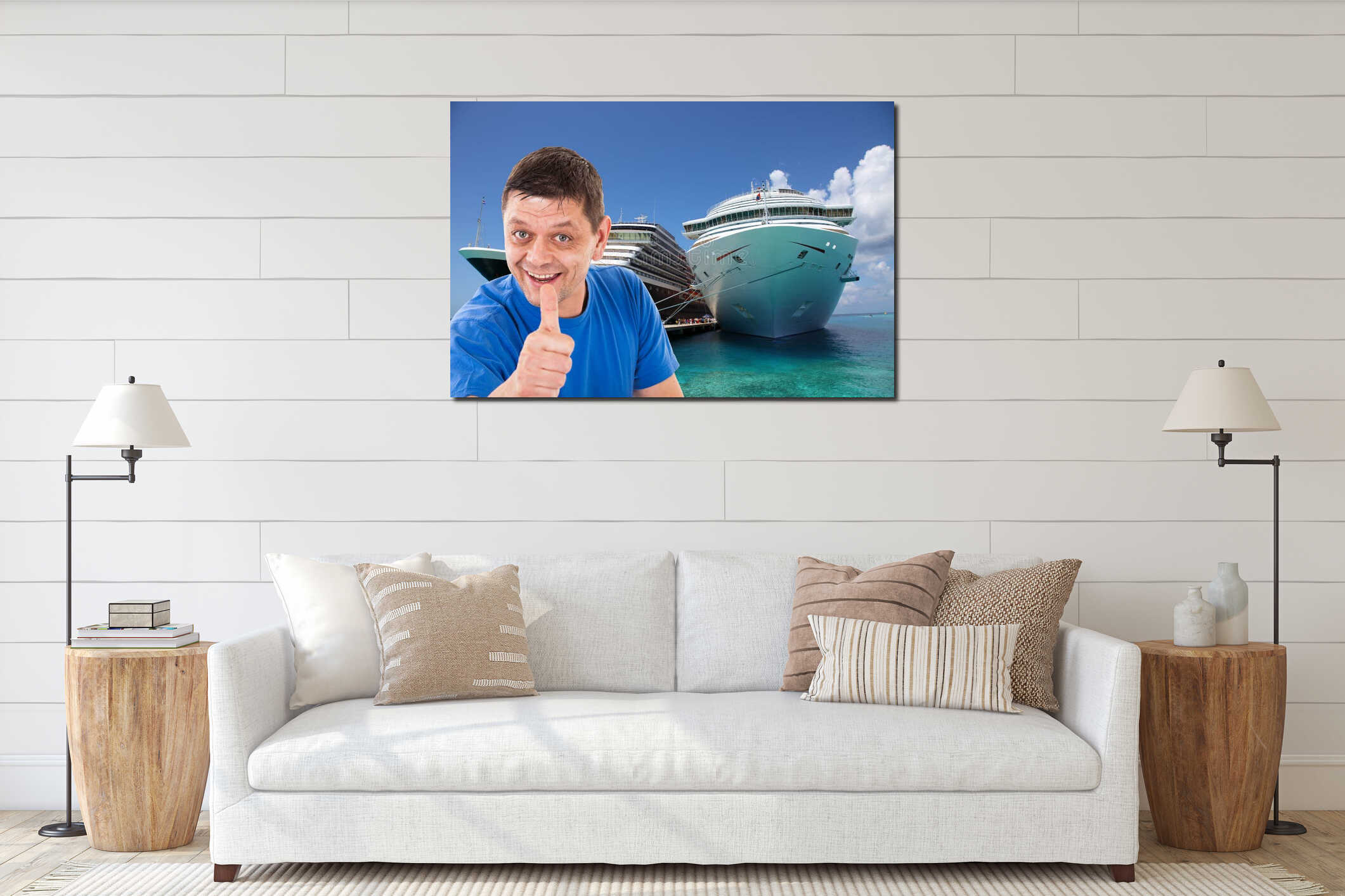Man with thumbs up in front of two cruise ships interior mockup