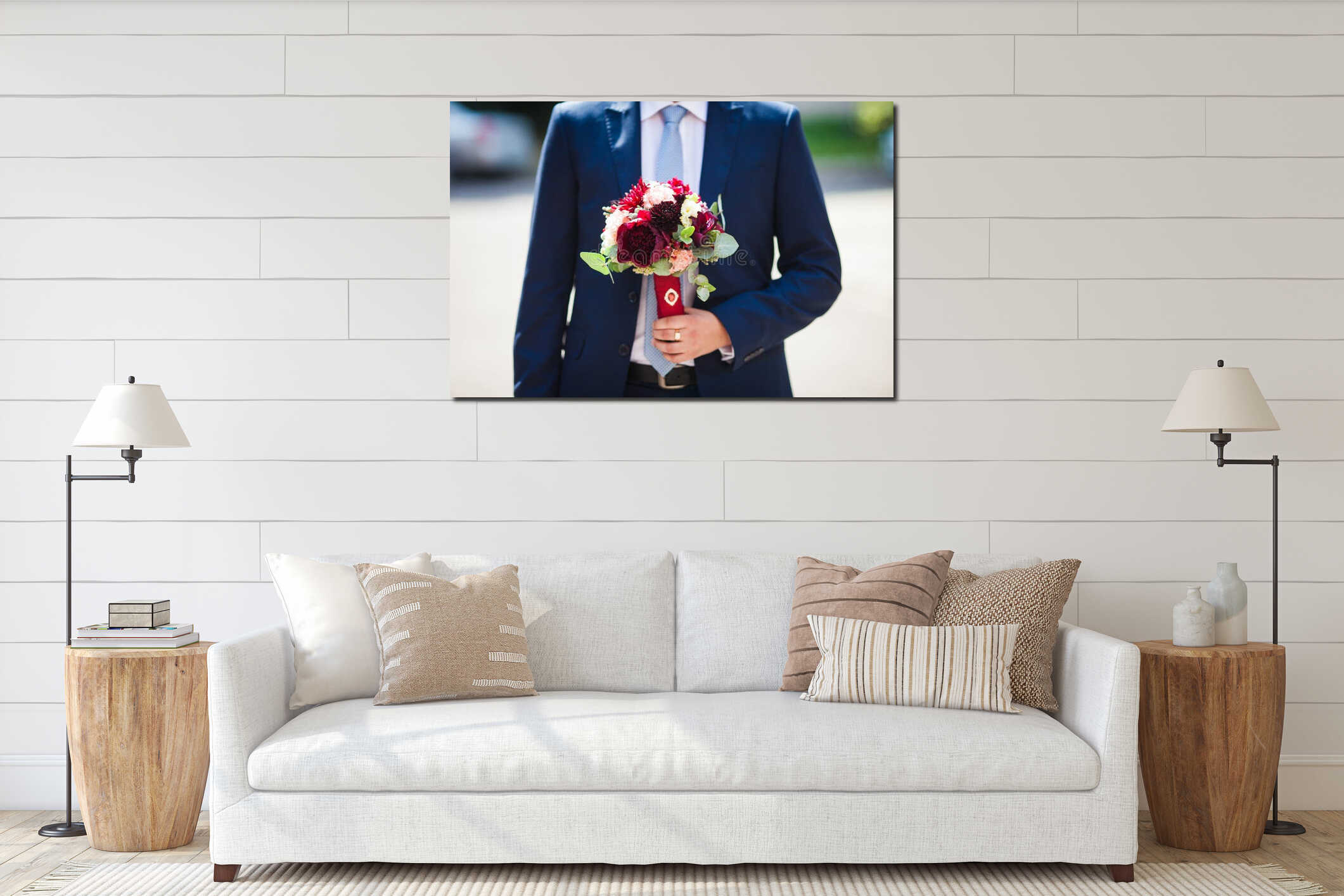 Elegant handsome groom in blue suit with wedding bouquet interior mockup