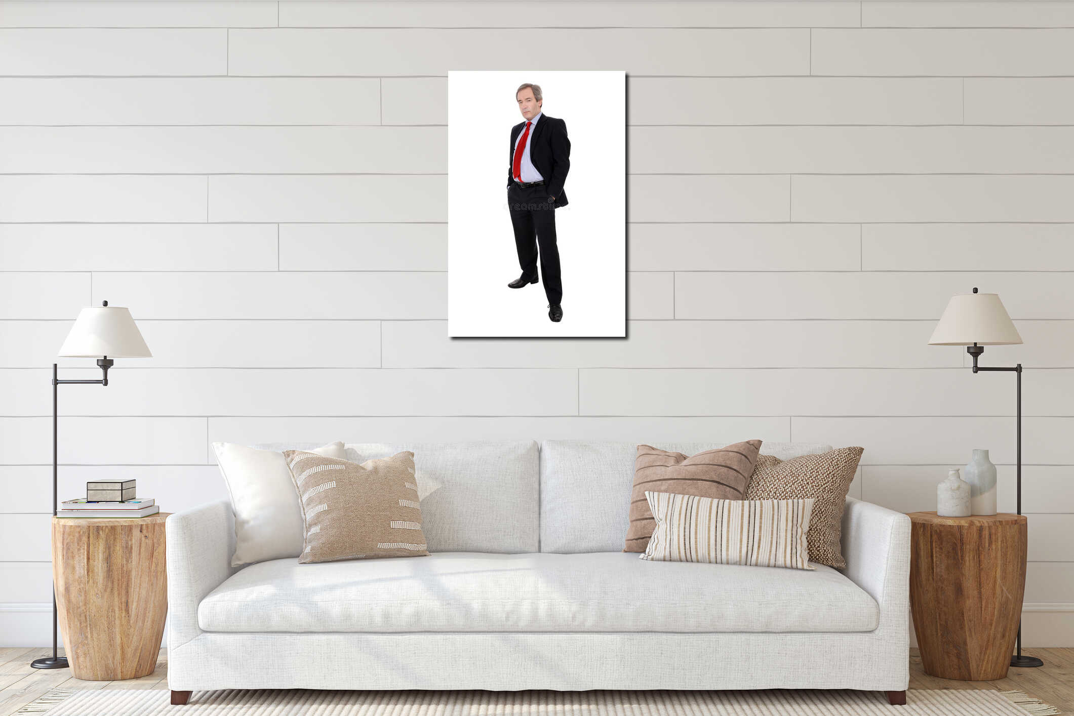 Attractive business man standing interior mockup