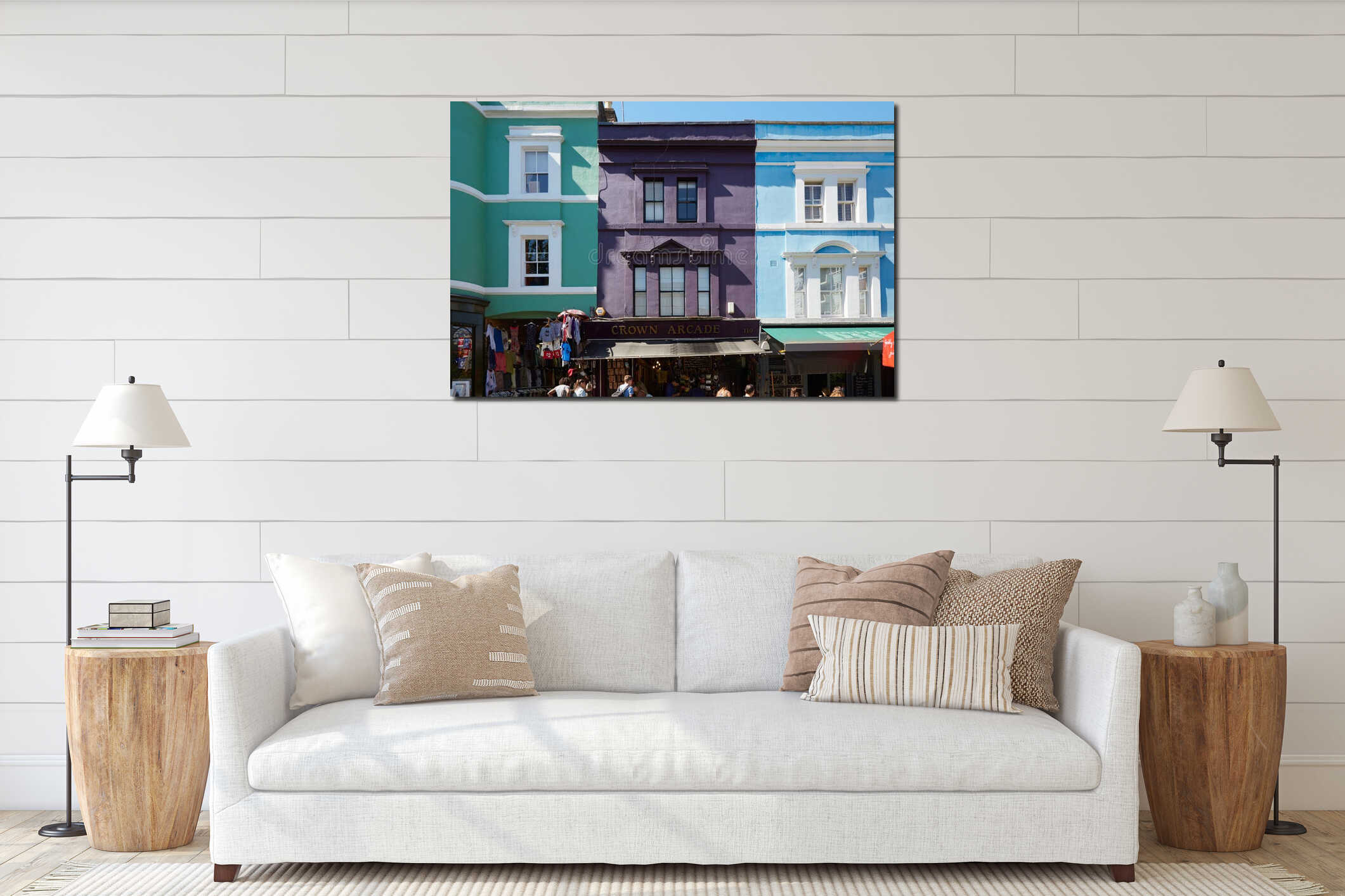 Portobello road colorful houses and people in London interior mockup
