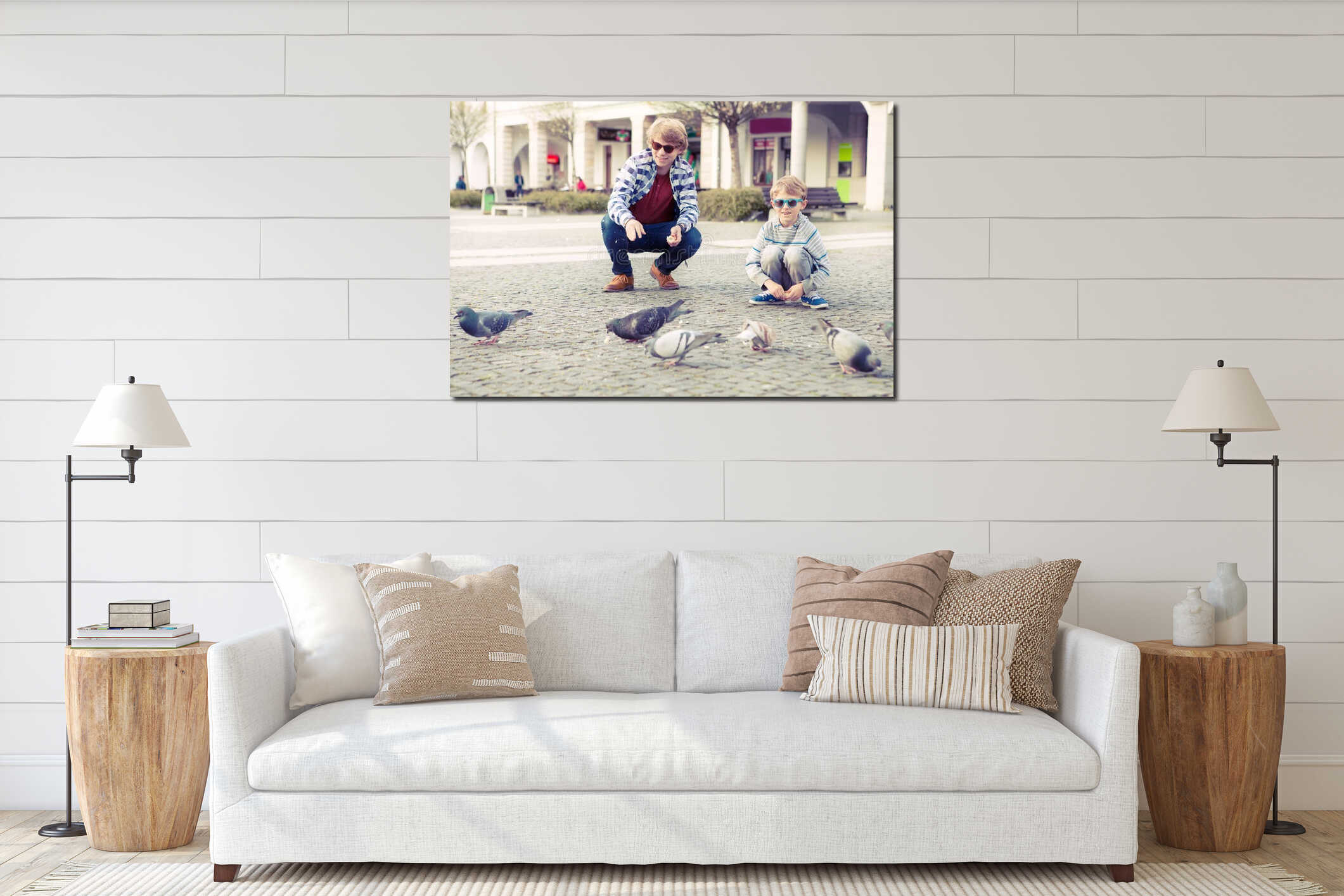 Two brothers feeding the doves on the old european city square interior mockup