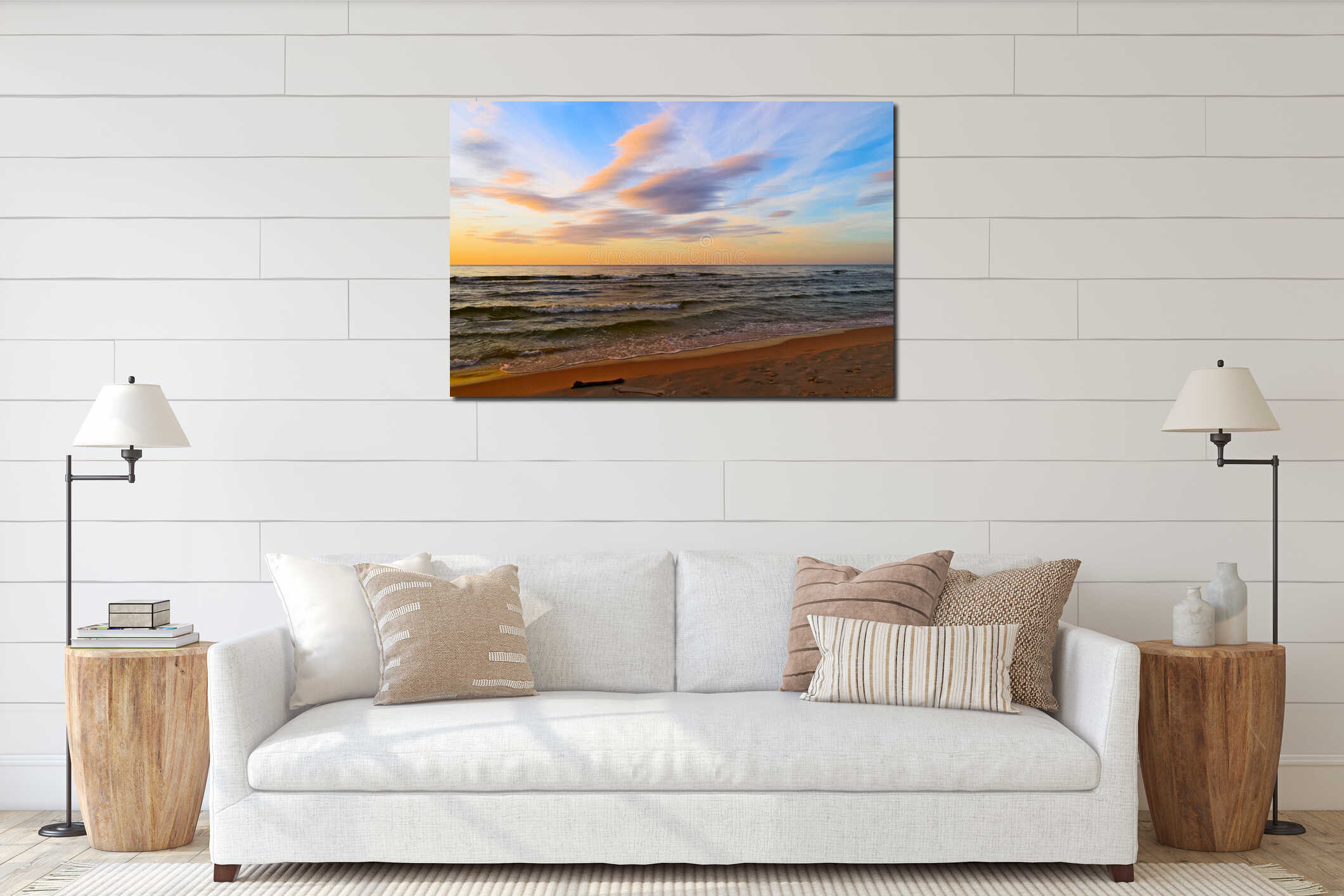 Stunning stratus cloud formations at sunset over the Baltic sea. interior mockup