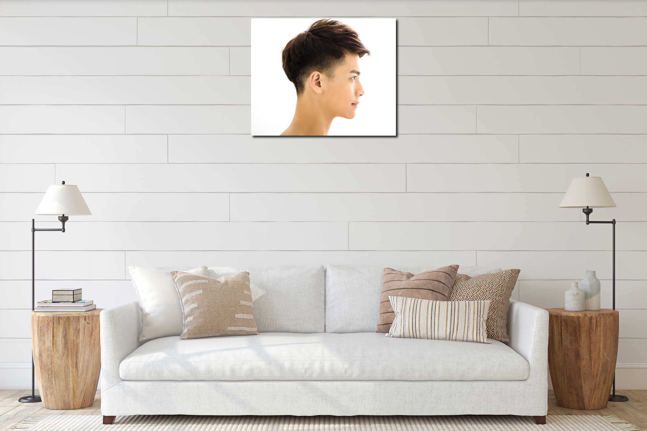 Closeup of attractive young man face interior mockup