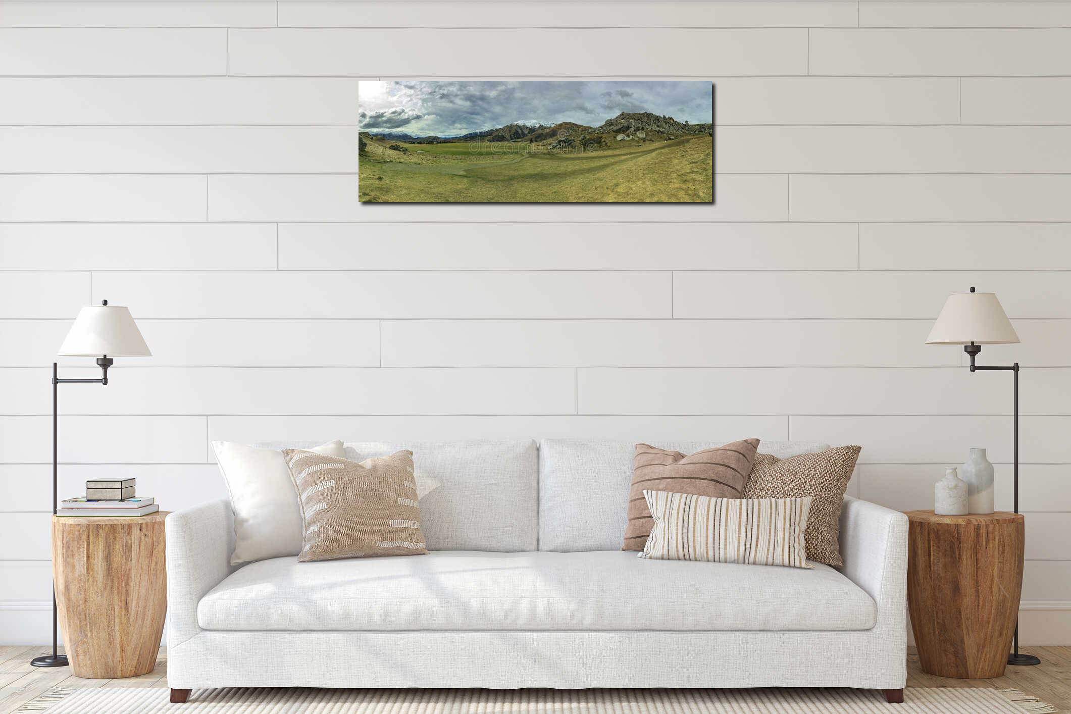 Wide angle panorama landscape of castle hill mountain and land s interior mockup