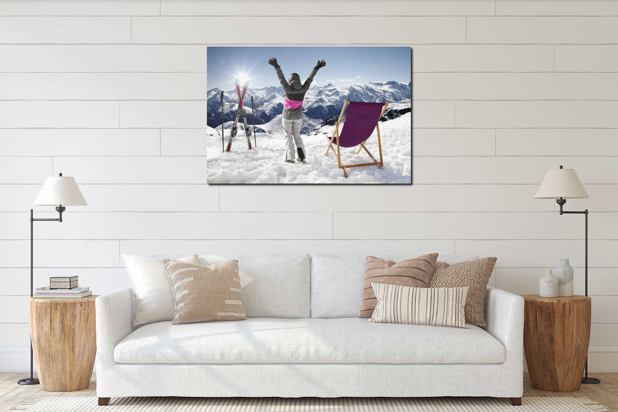 Women at mountains in winter with sun-lounger,France high mountains interior mockup