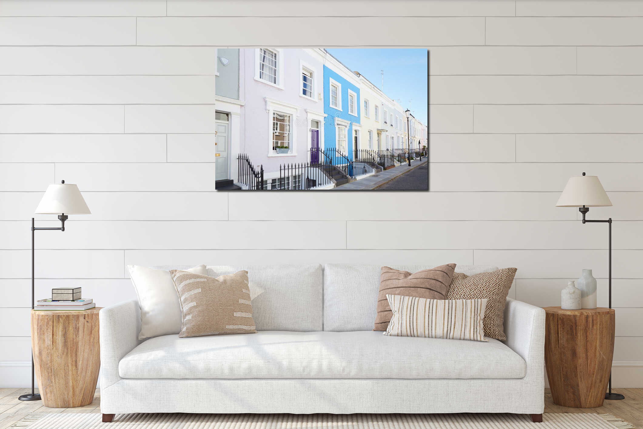 Colorful English houses facades in London interior mockup