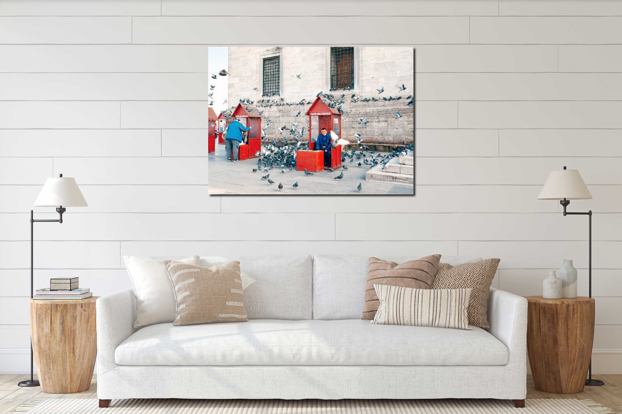 ISTANBUL , TURKEY. View Yeni Cami New Mosque. Man feeding pigeons. interior mockup