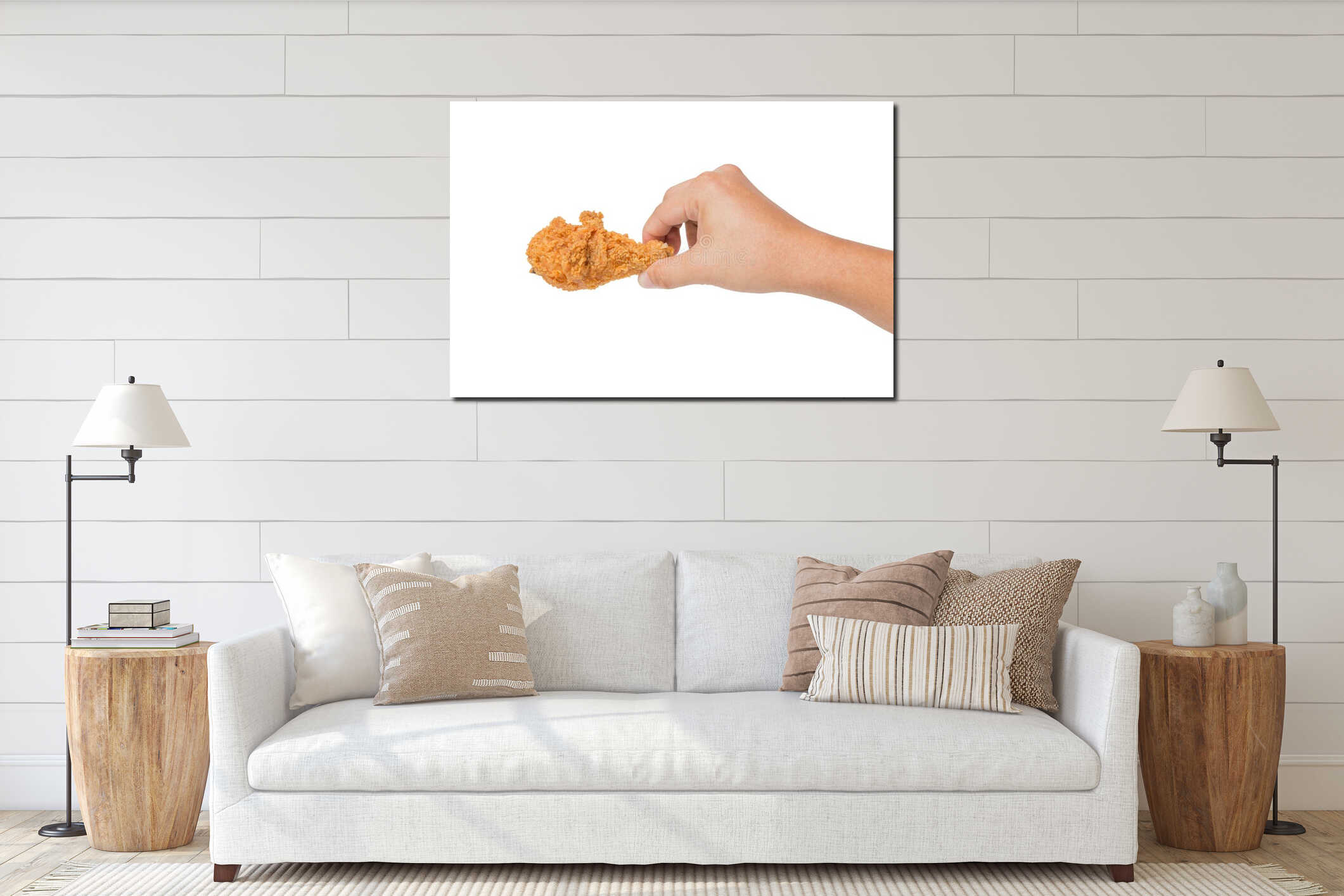 Hand hold fried chicken isolated on white interior mockup