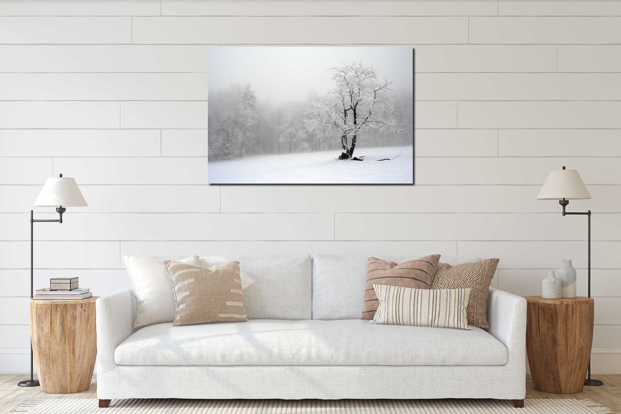 Solitary tree in winter, snowy landscape with snow and fog, foggy forest in the backgroud interior mockup