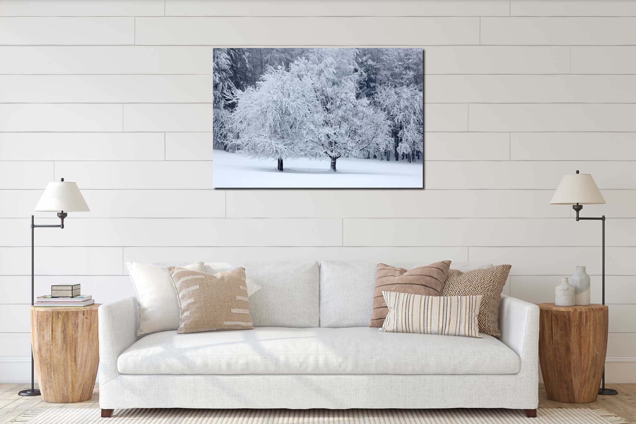 Two solitary tree in winter, snowy landscape with snow and fog, white forest in the backgroud interior mockup