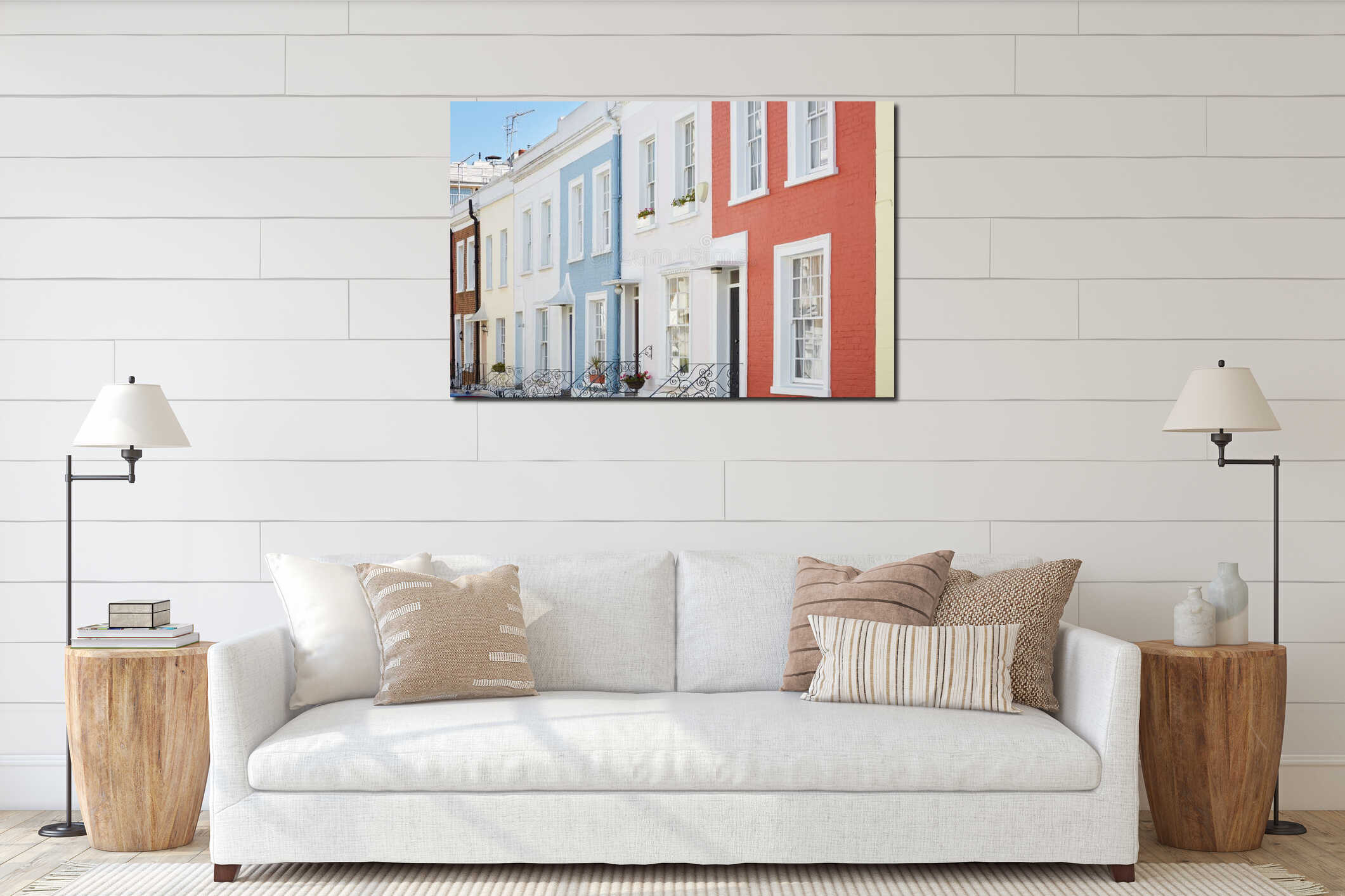 Colorful English houses facades in London interior mockup