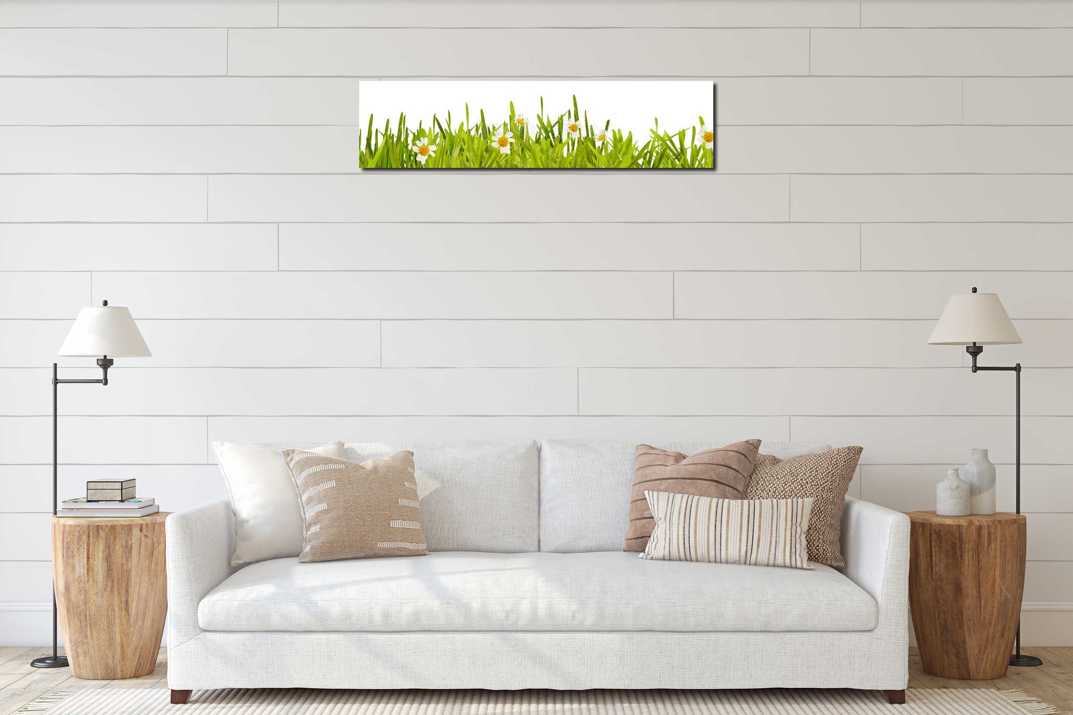 Fresh green spring grass and daisy border interior mockup