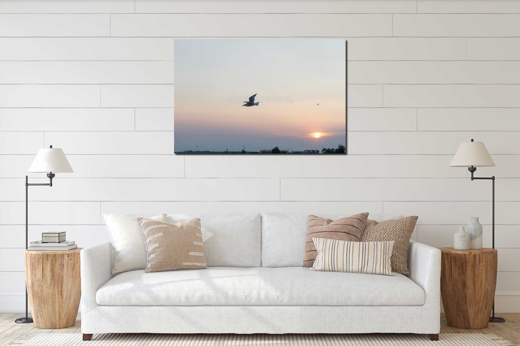 Young seagull flying in blue sky interior mockup