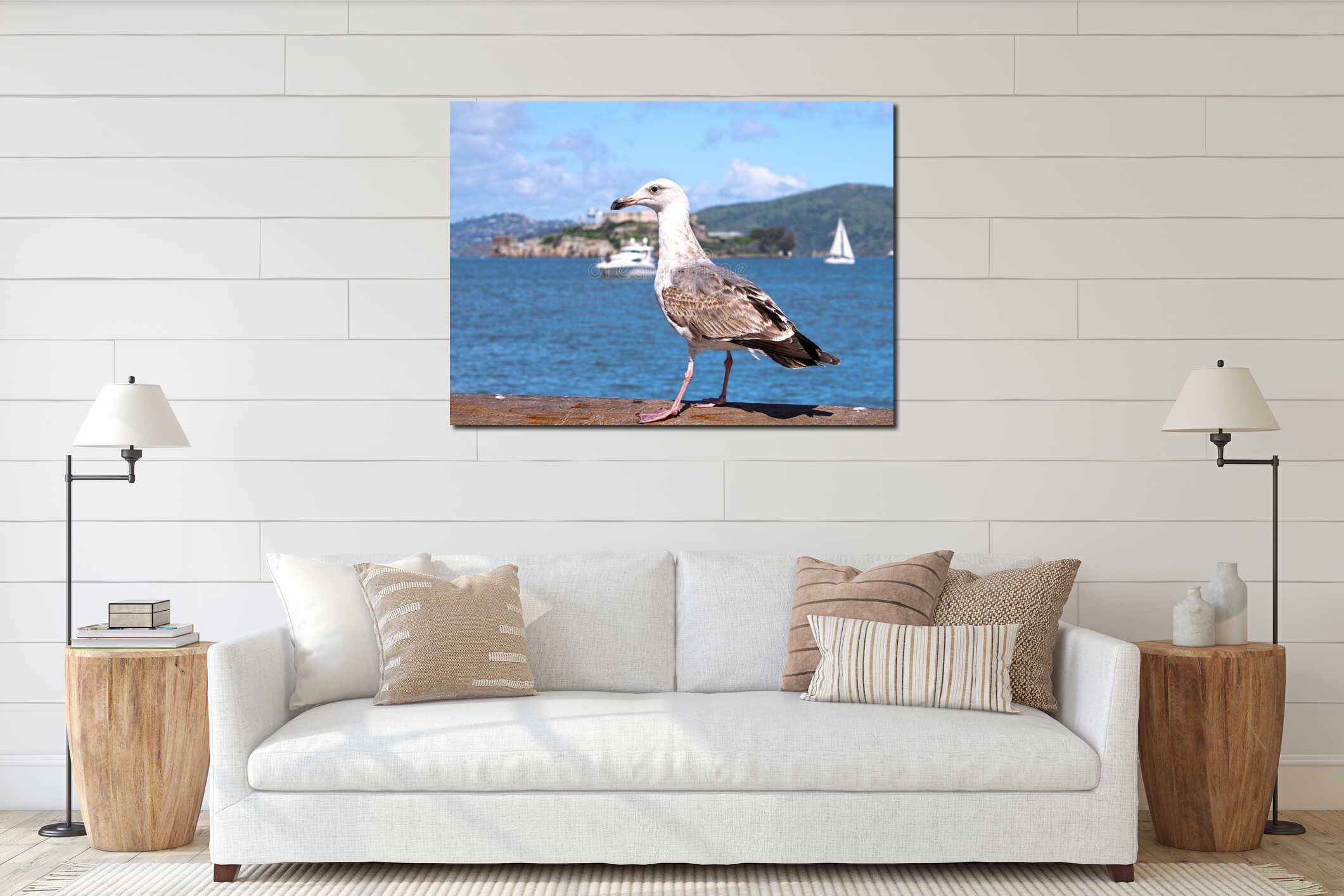 Seagull posing in front of Alcatraz island interior mockup