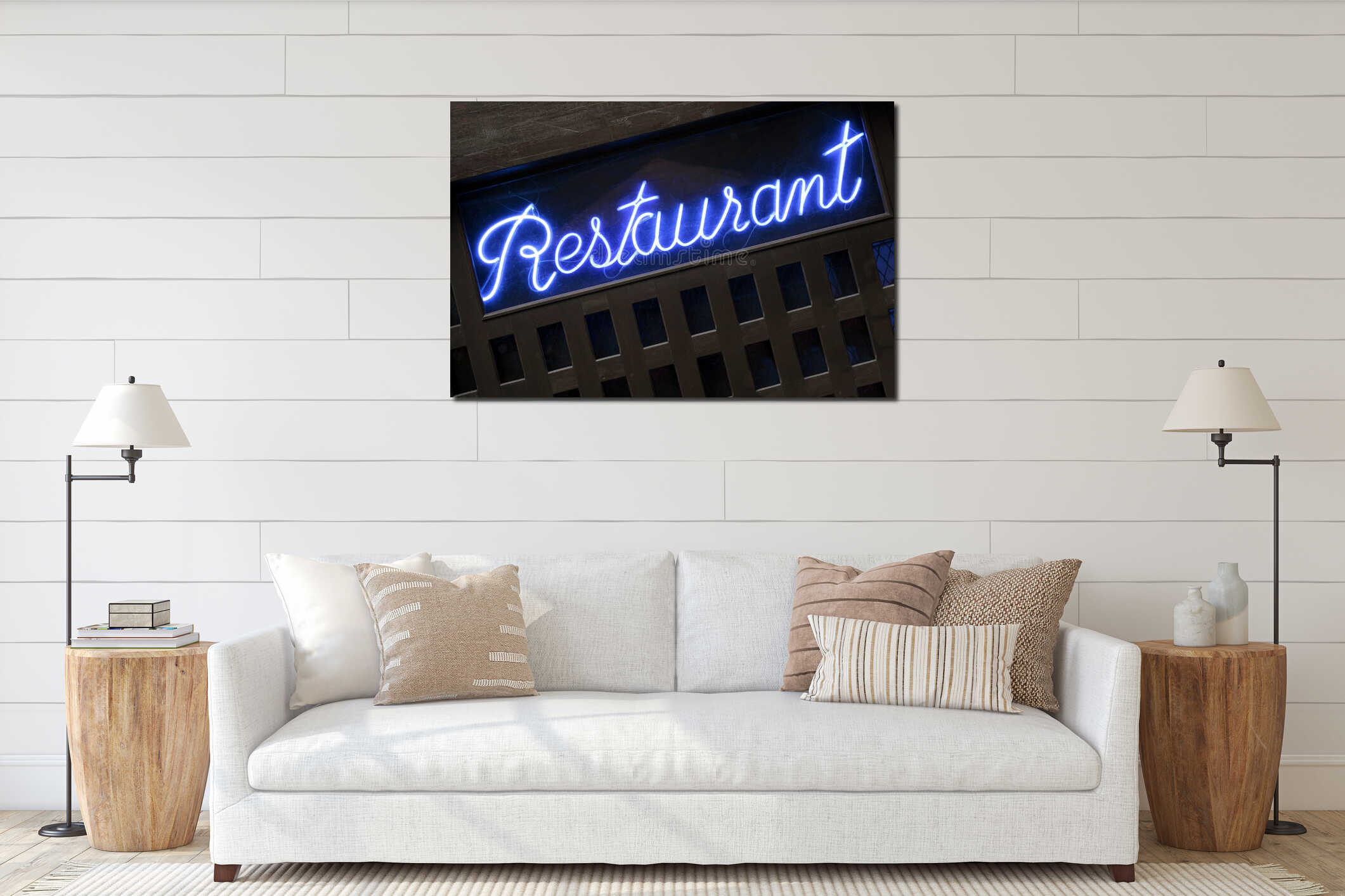Neon blue restaurant sign lit up at night closeup interior mockup