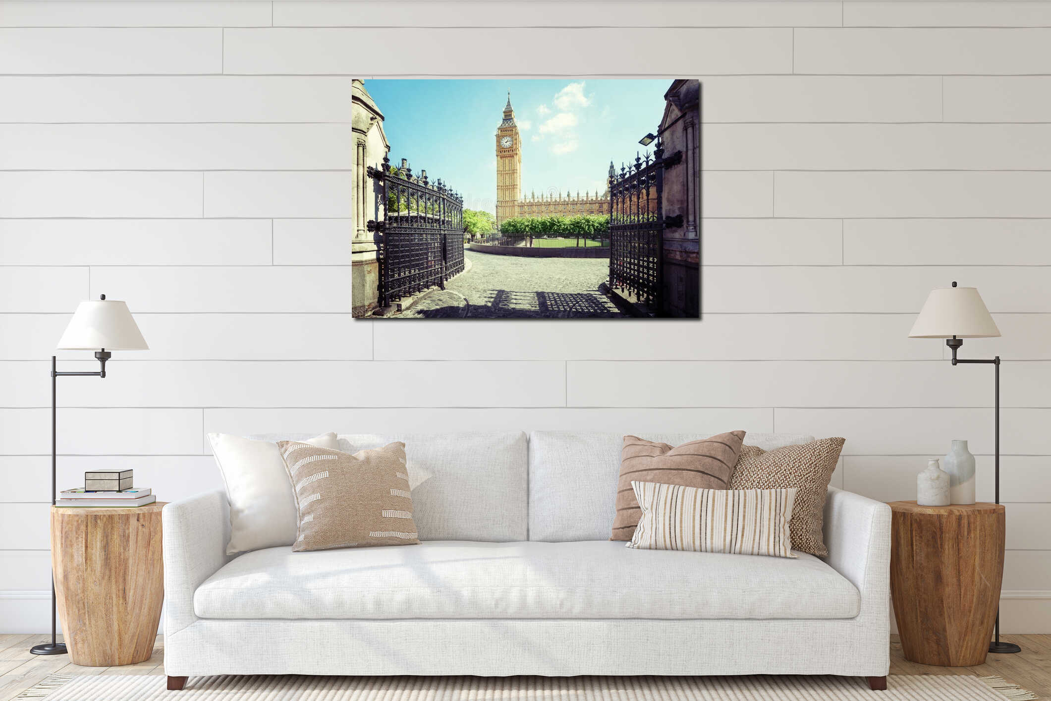 Big Ben in sunny day, London interior mockup