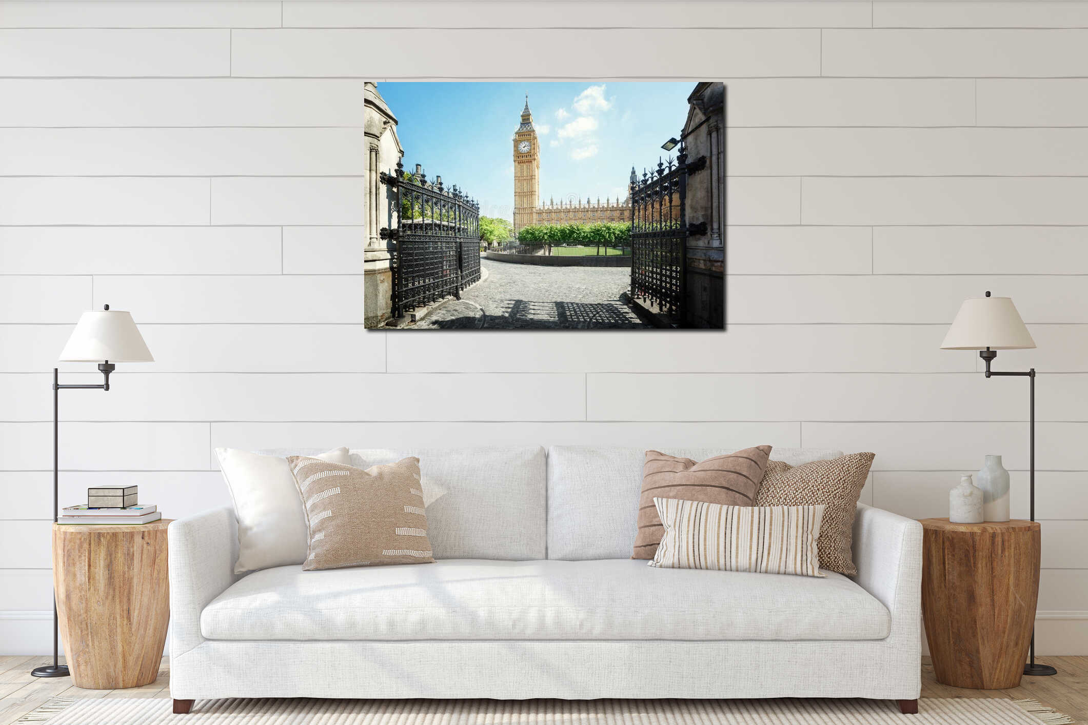 Big Ben in sunny day, London interior mockup