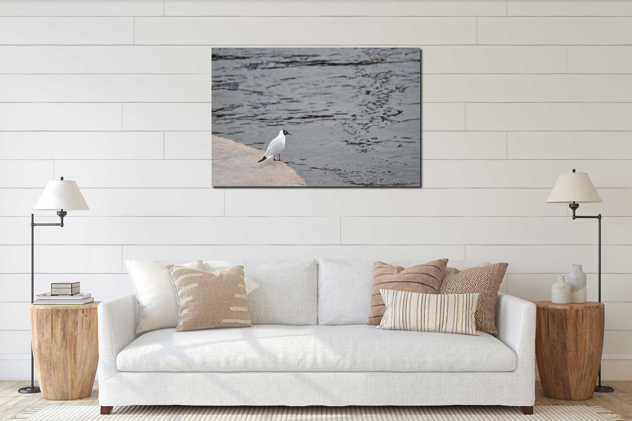 Seagull sitting on a marble stone interior mockup
