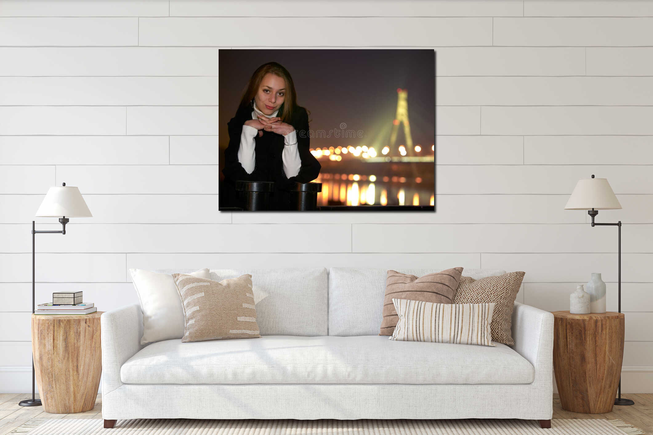Night portrait of young girl. interior mockup