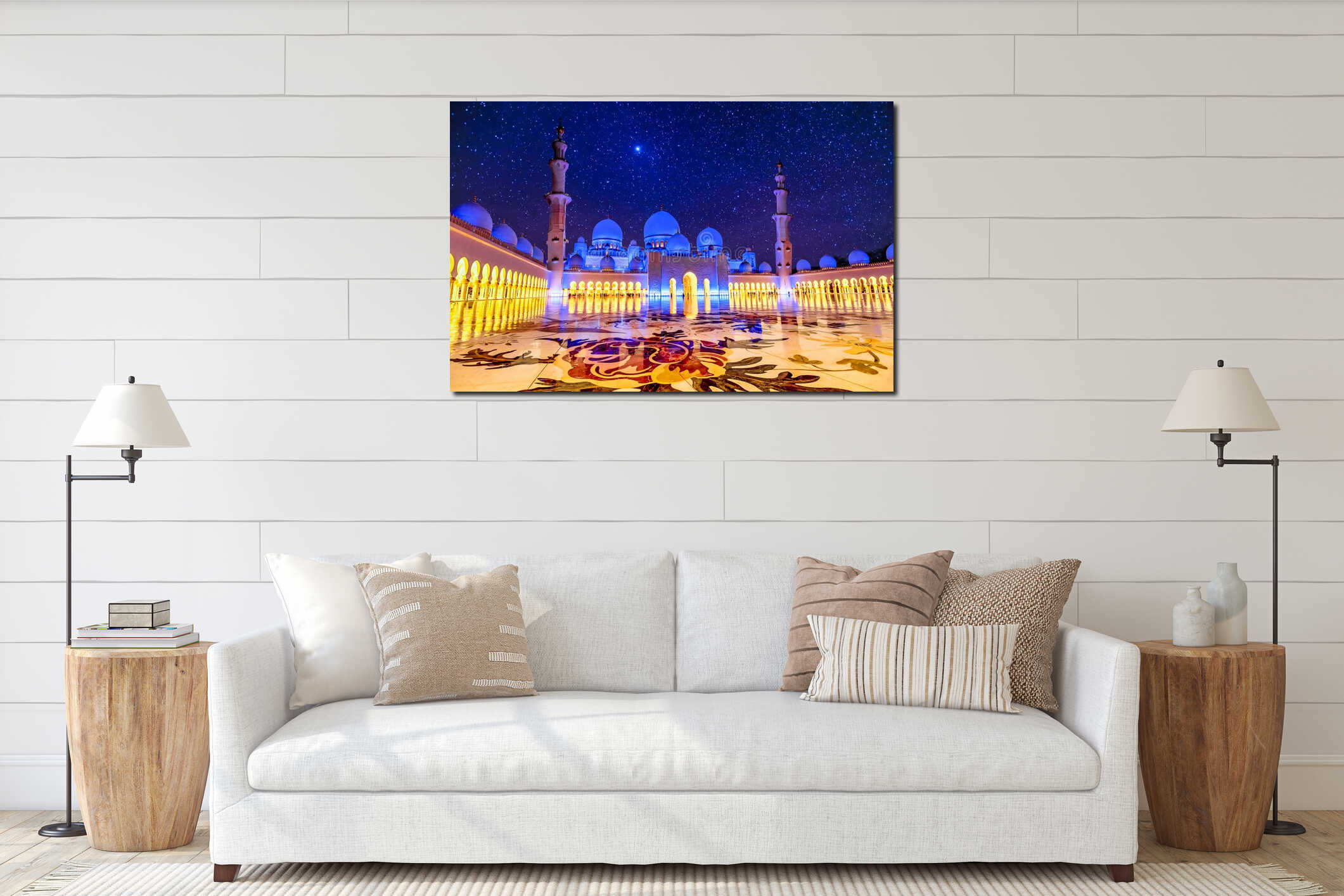 Sheikh Zayed Grand Mosque in Abu Dhabi, UAE at night interior mockup
