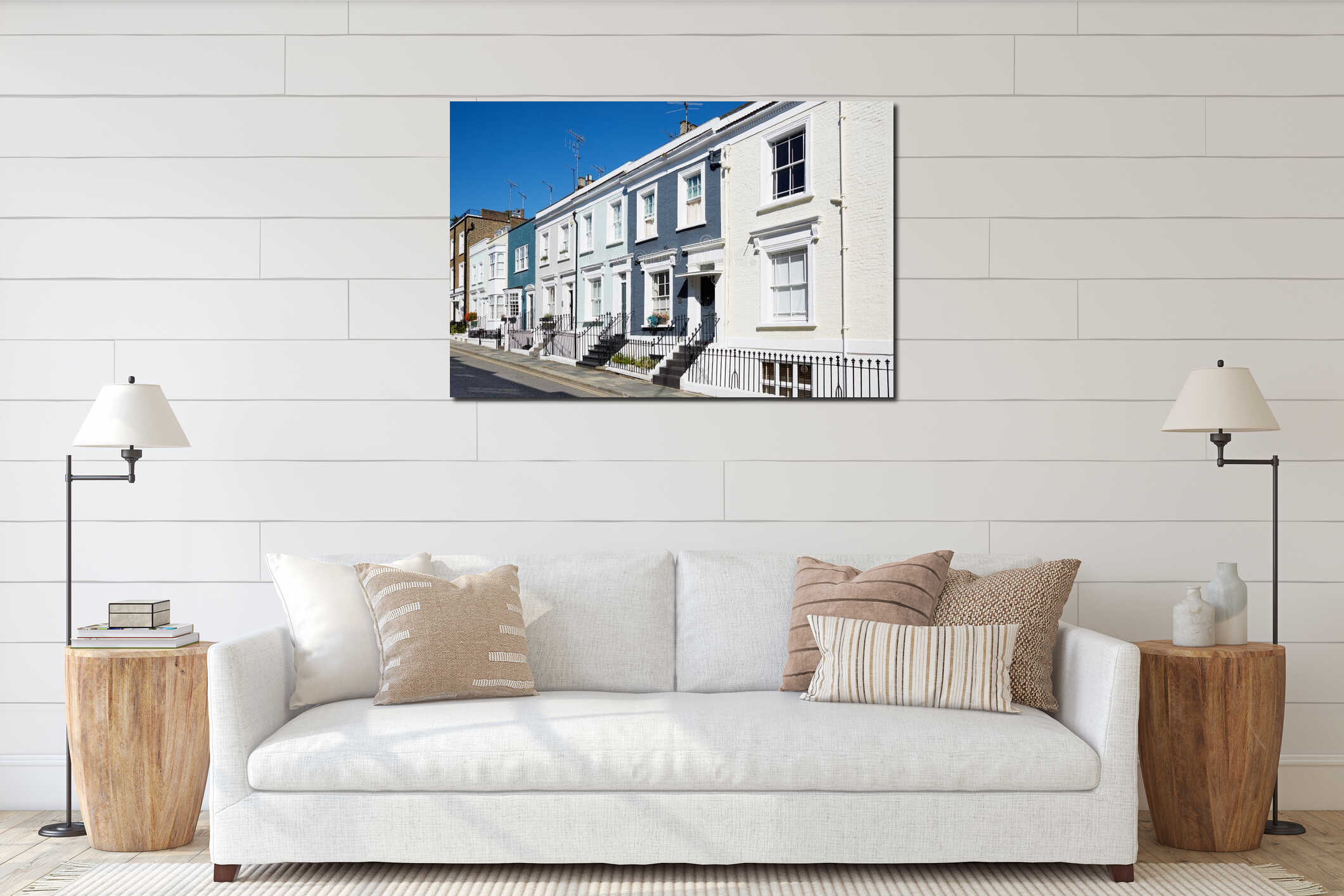 Colorful English houses facades in a sunny day in London interior mockup