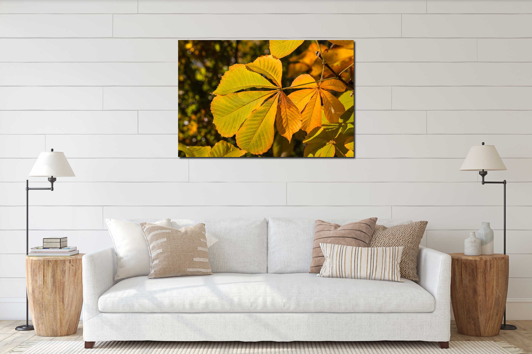 Horse chestnut leaves in autumn colors interior mockup