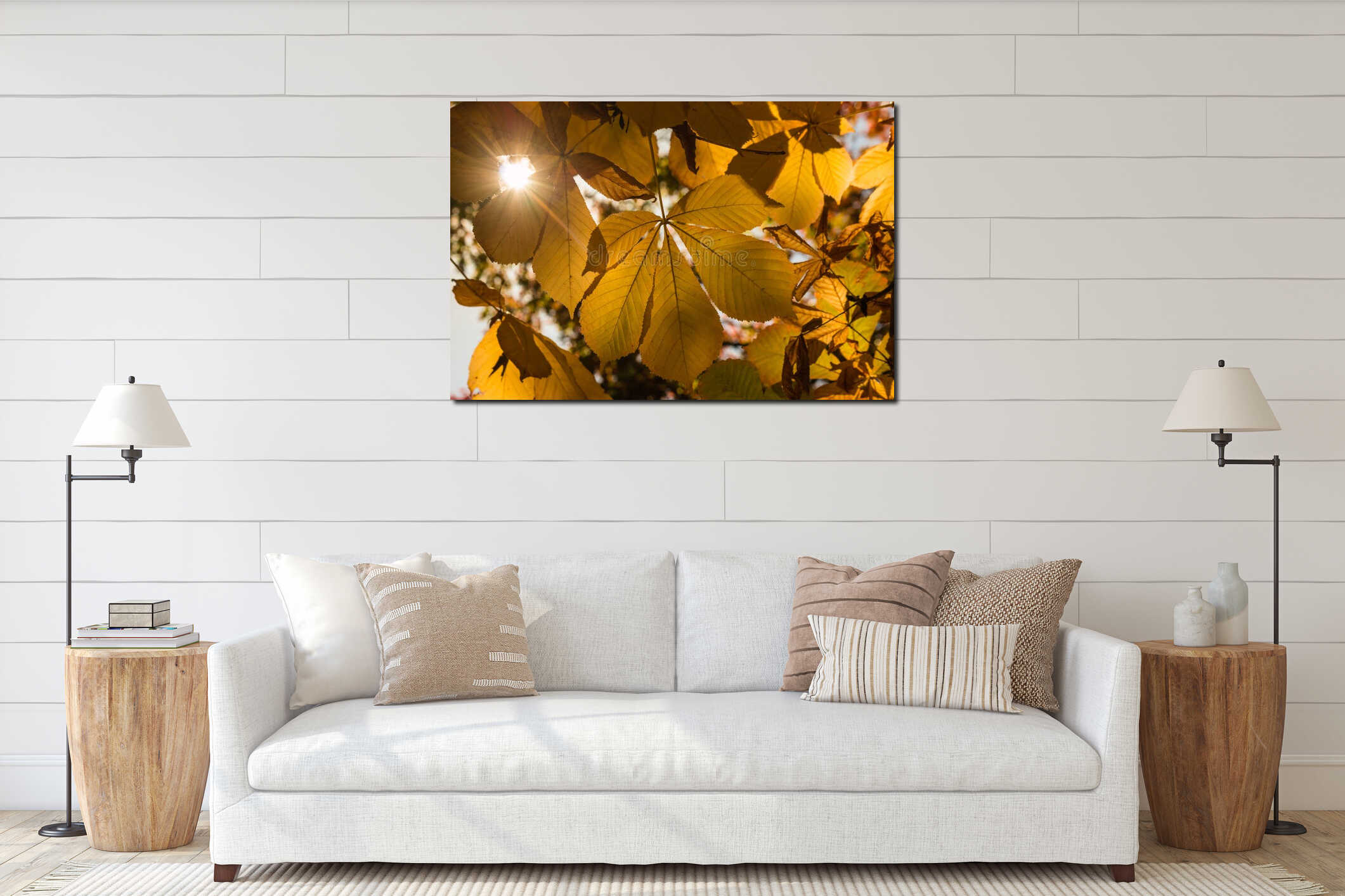 Horse-chestnut leaves with lens flare interior mockup