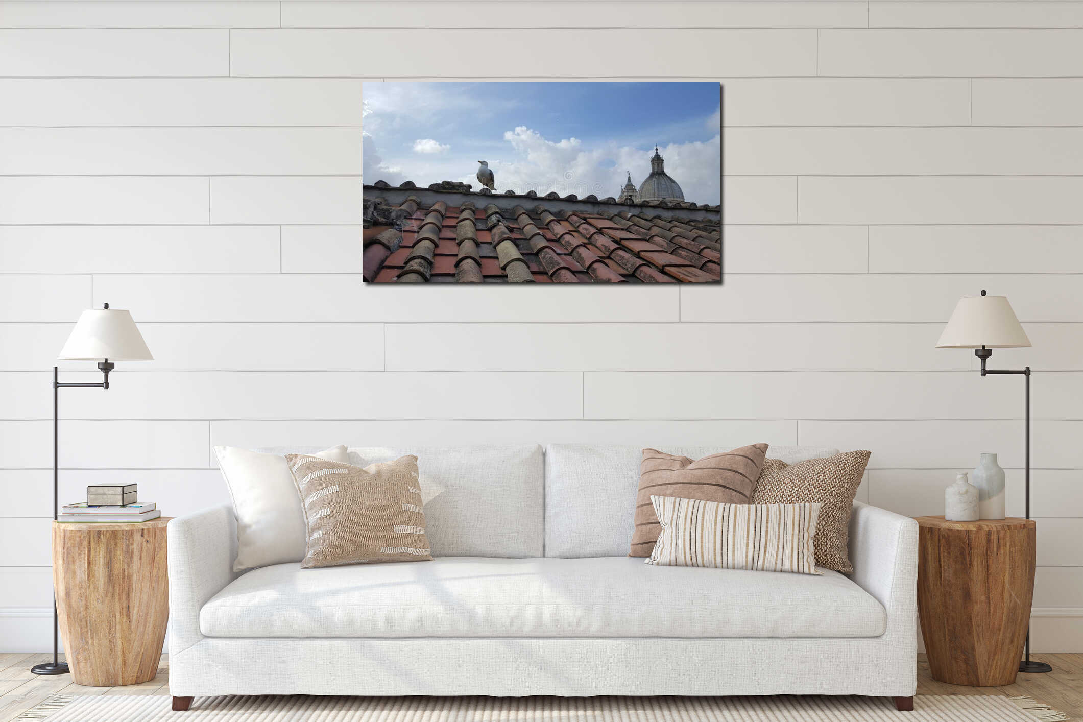 Seagull on rooftop, Rome, Italy interior mockup