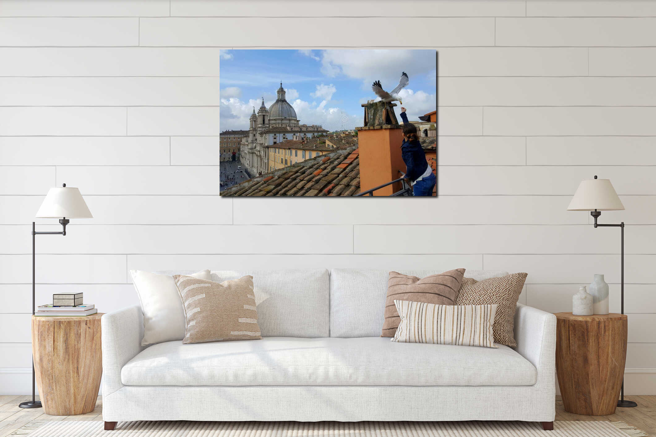 Girl feeding seagull, Piazza Navona, Rome, Italy interior mockup
