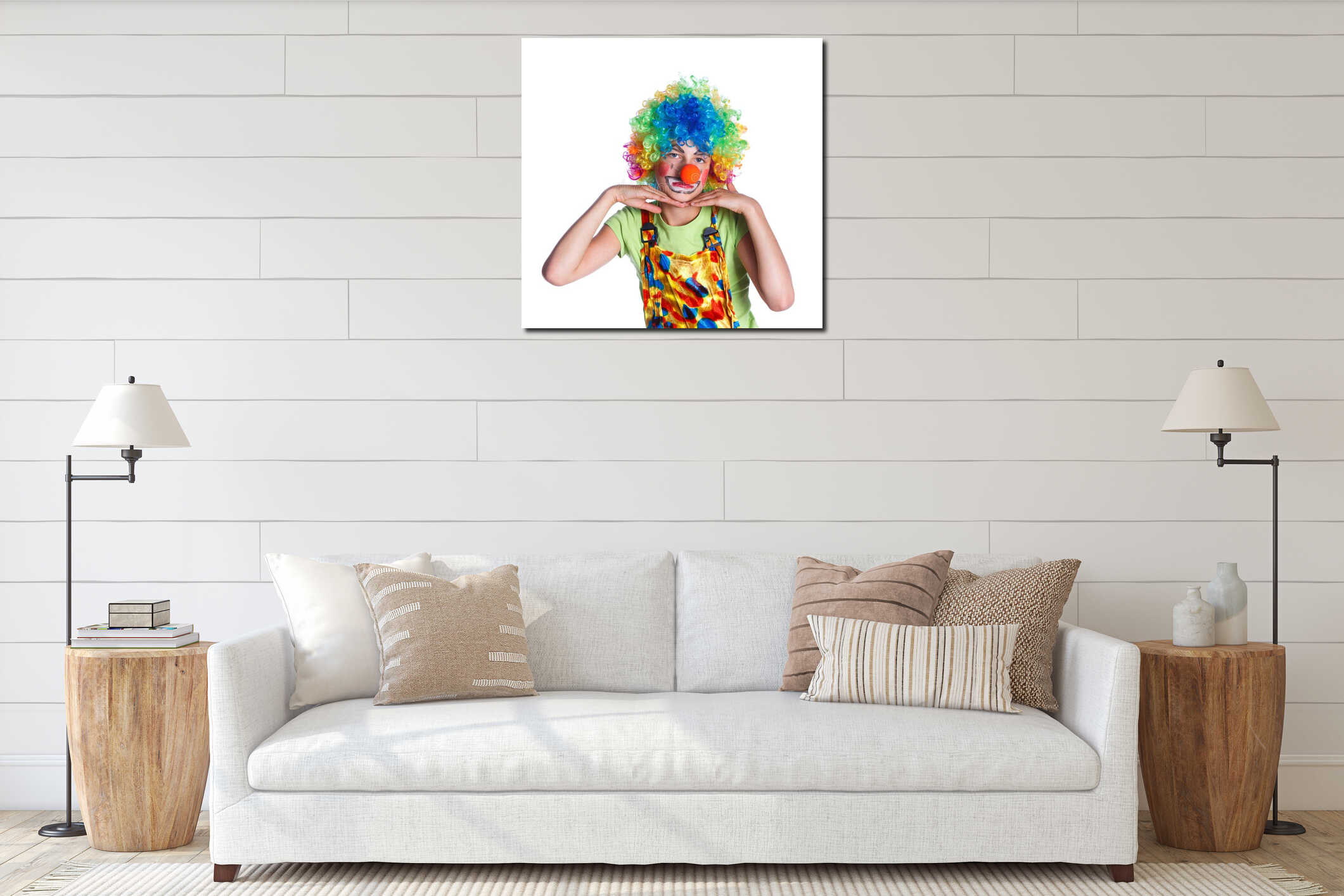 Girl dressed as a clown isolated interior mockup