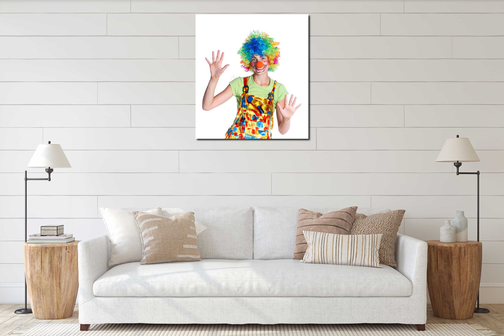 Girl dressed as a clown isolated interior mockup