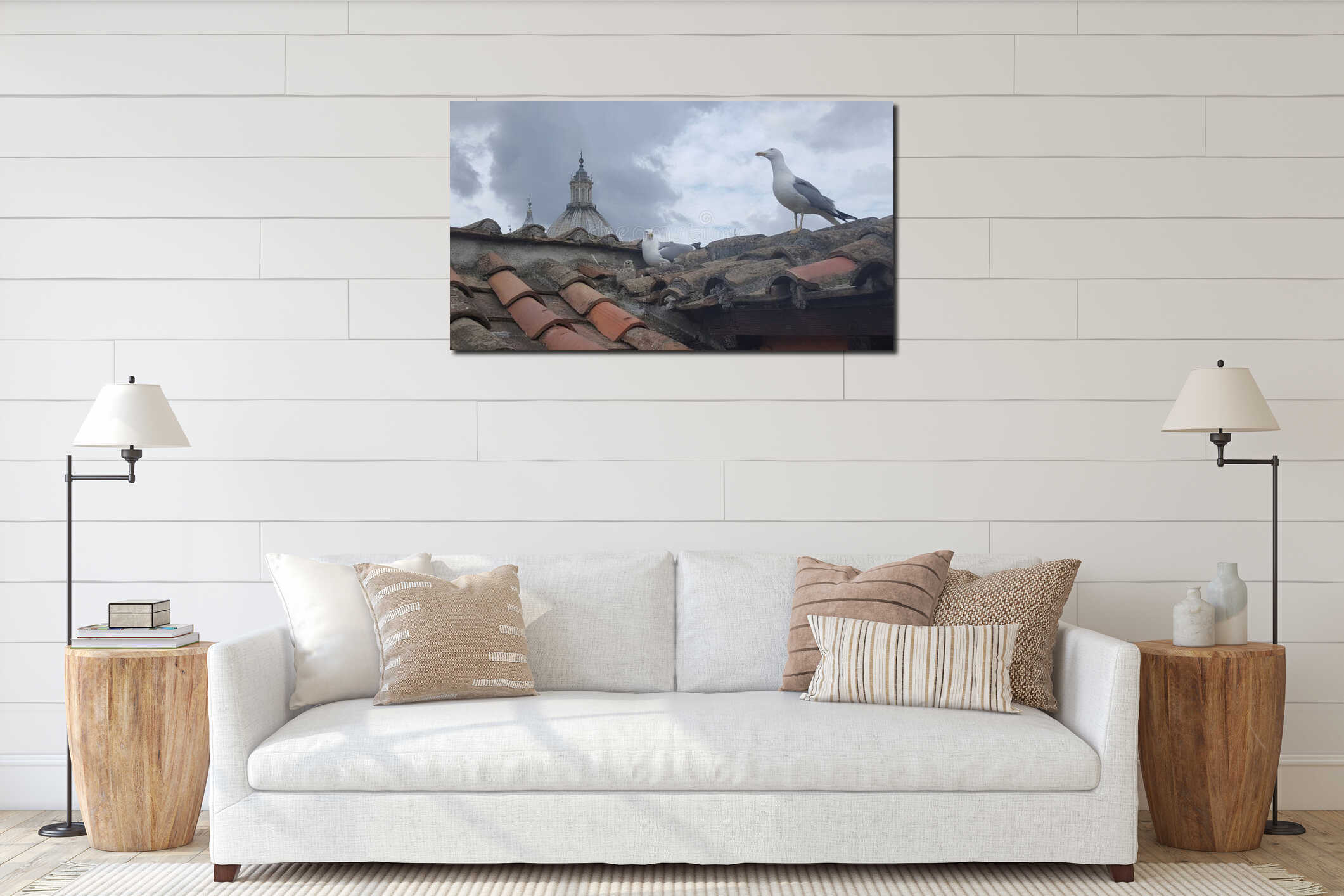 Seagull nest on rooftop, Rome, Italy interior mockup
