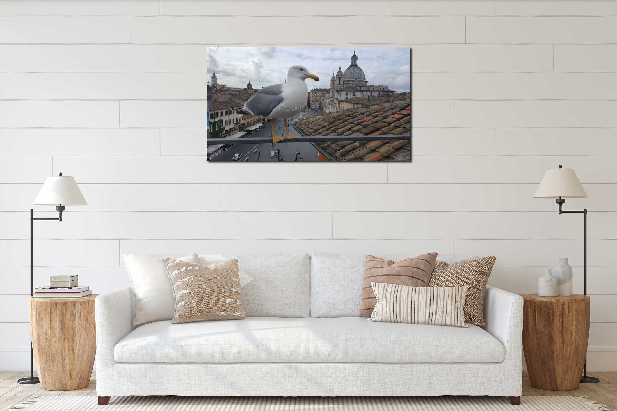 Seagull on rooftop in Piazza Navona, Rome, Italy interior mockup