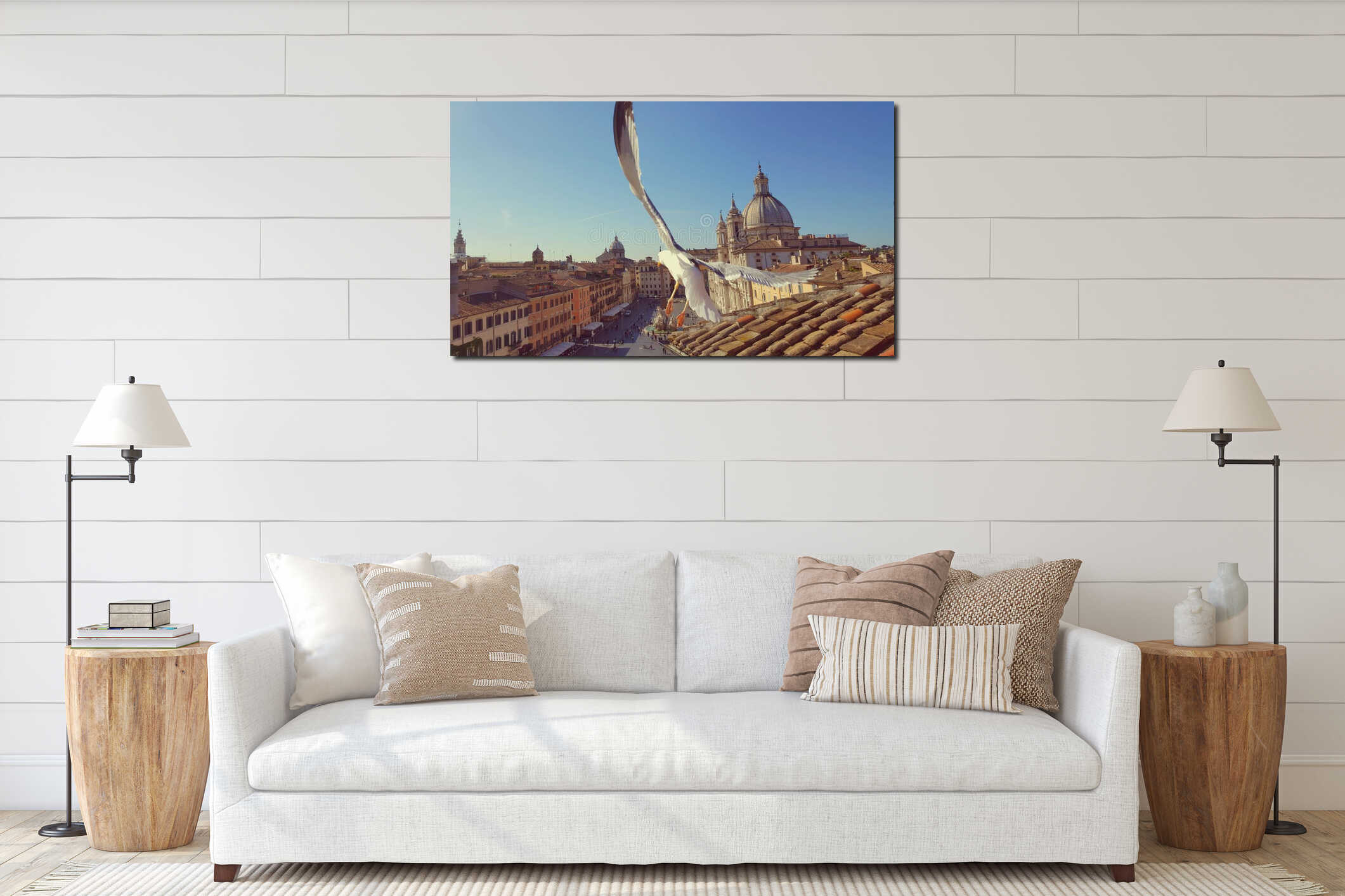 Piazza Navona and seagull in flight interior mockup