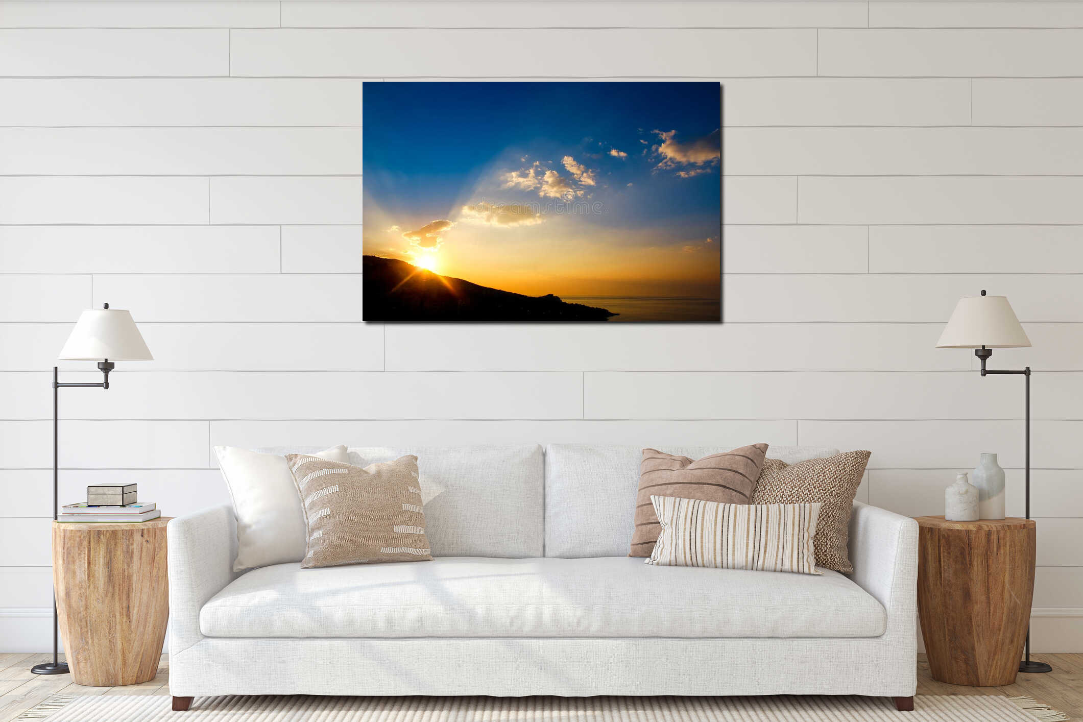 Early morning , sunrise over mountain. Picturesque view of beautiful sunrise at black sea. Gold sea sunrise landscape. interior mockup