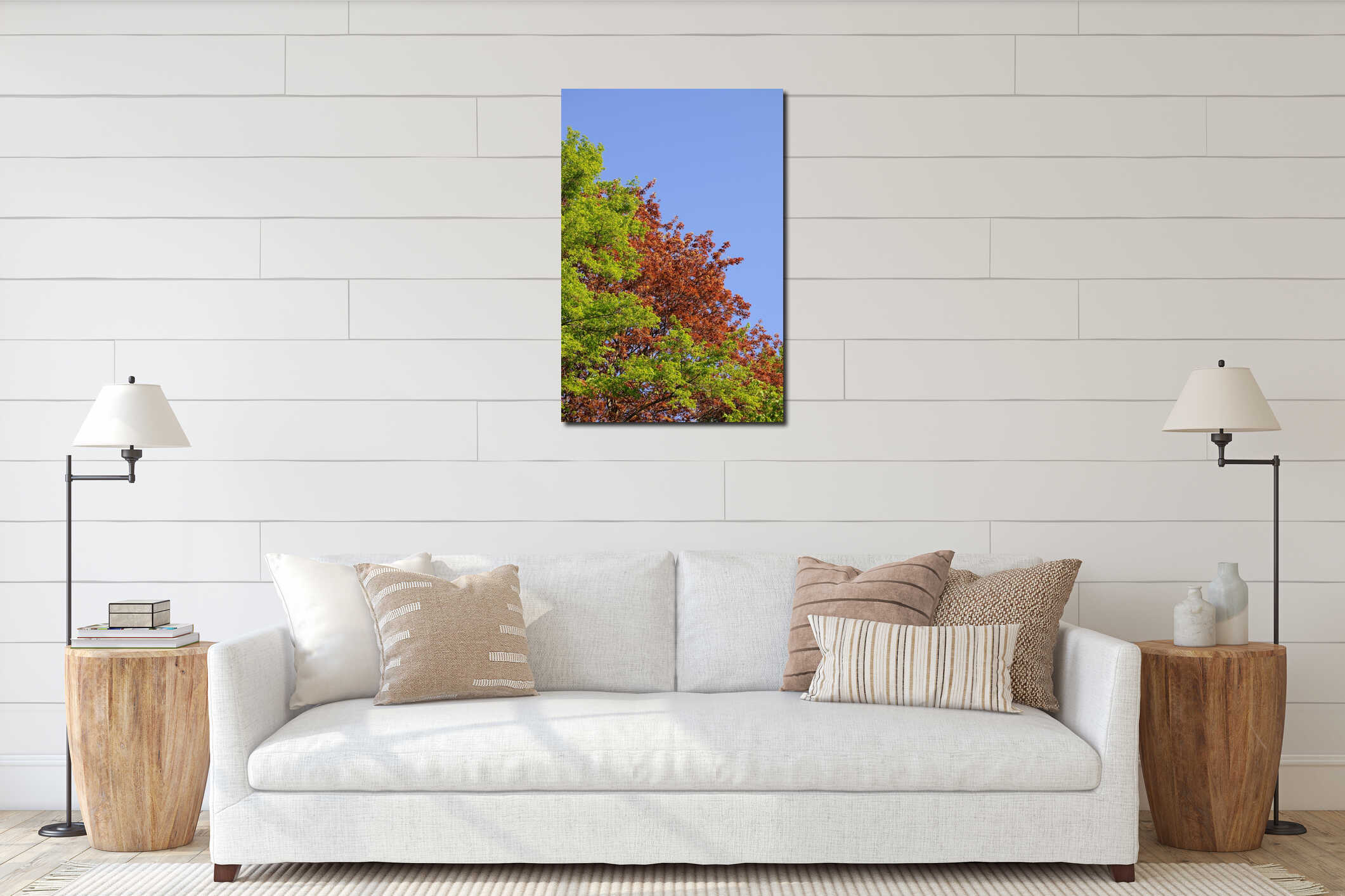 Chestnut tree with leftover, red leaves and a birch with fresh green leaves interior mockup