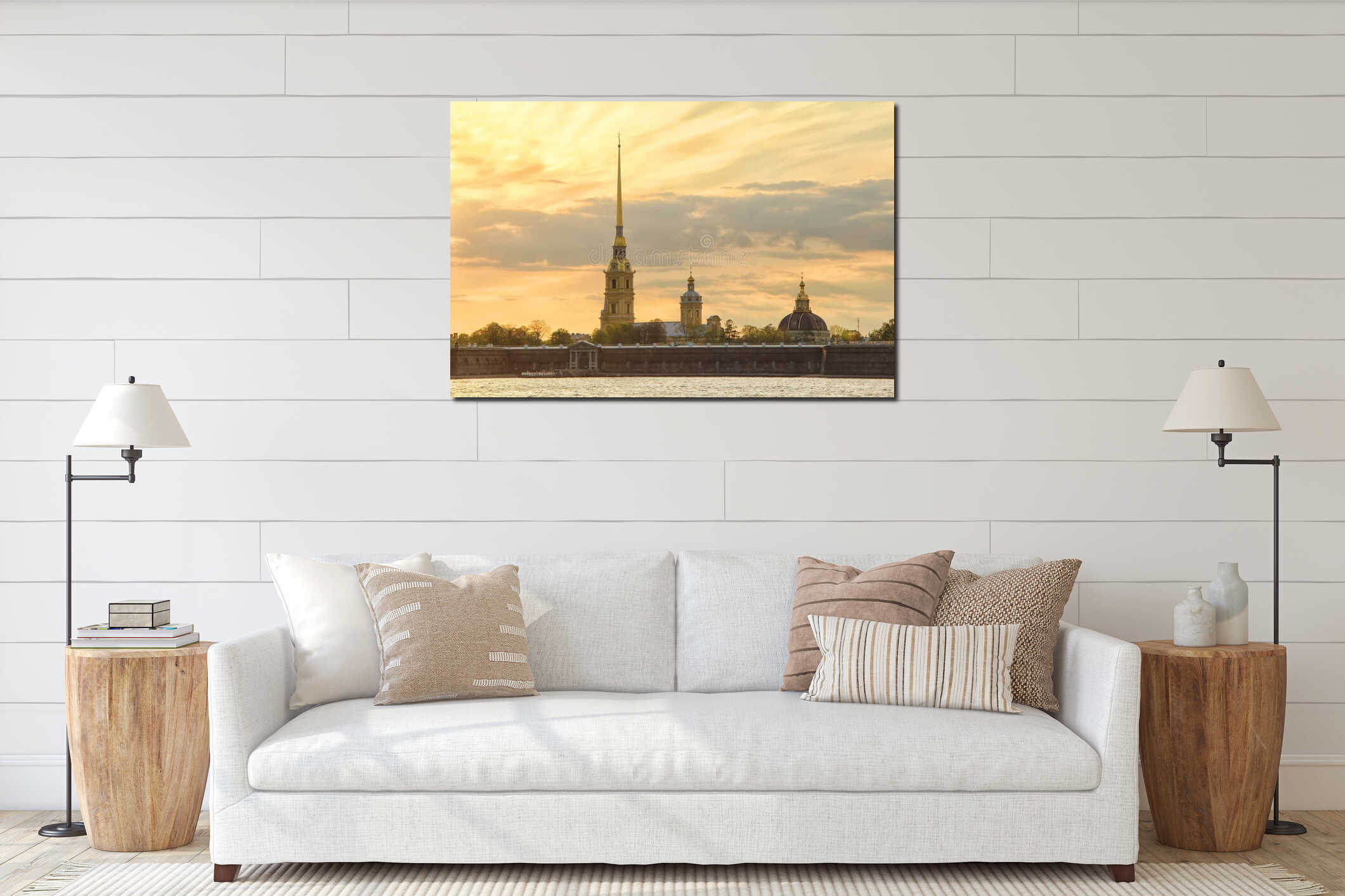 Classic view of Saint-Petersburg river scape at sunset, Peter and Paul fortress interior mockup