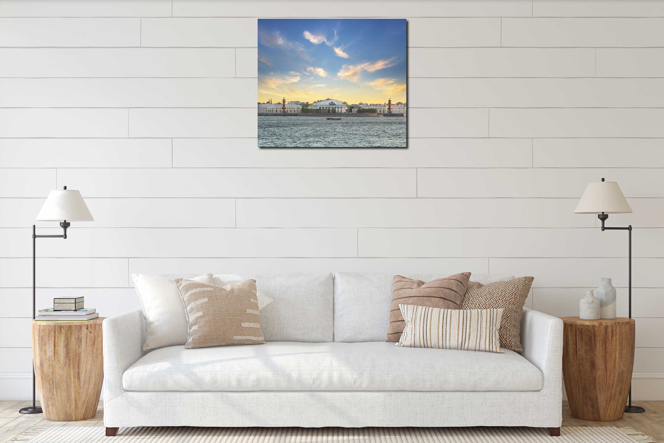 Classic view of Saint-Petersburg river scape at sunset interior mockup