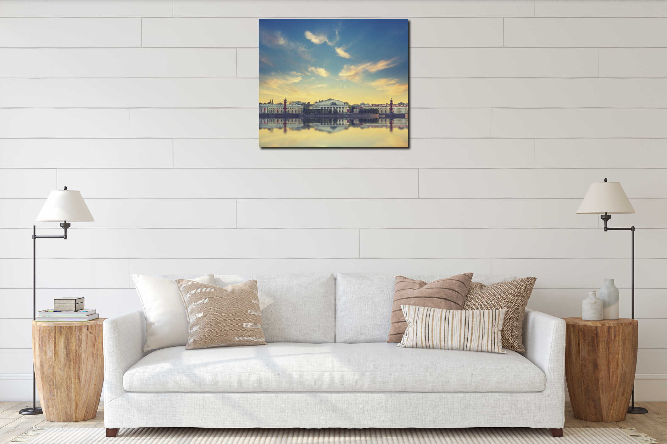 Classic view of Saint-Petersburg river scape at sunset interior mockup